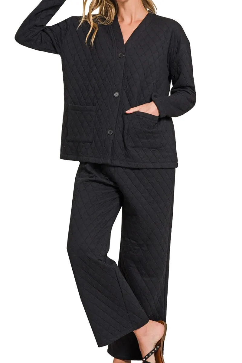 30% OFF! Zenana Fireside Cozy Black Quilted Jacket and Pants Set