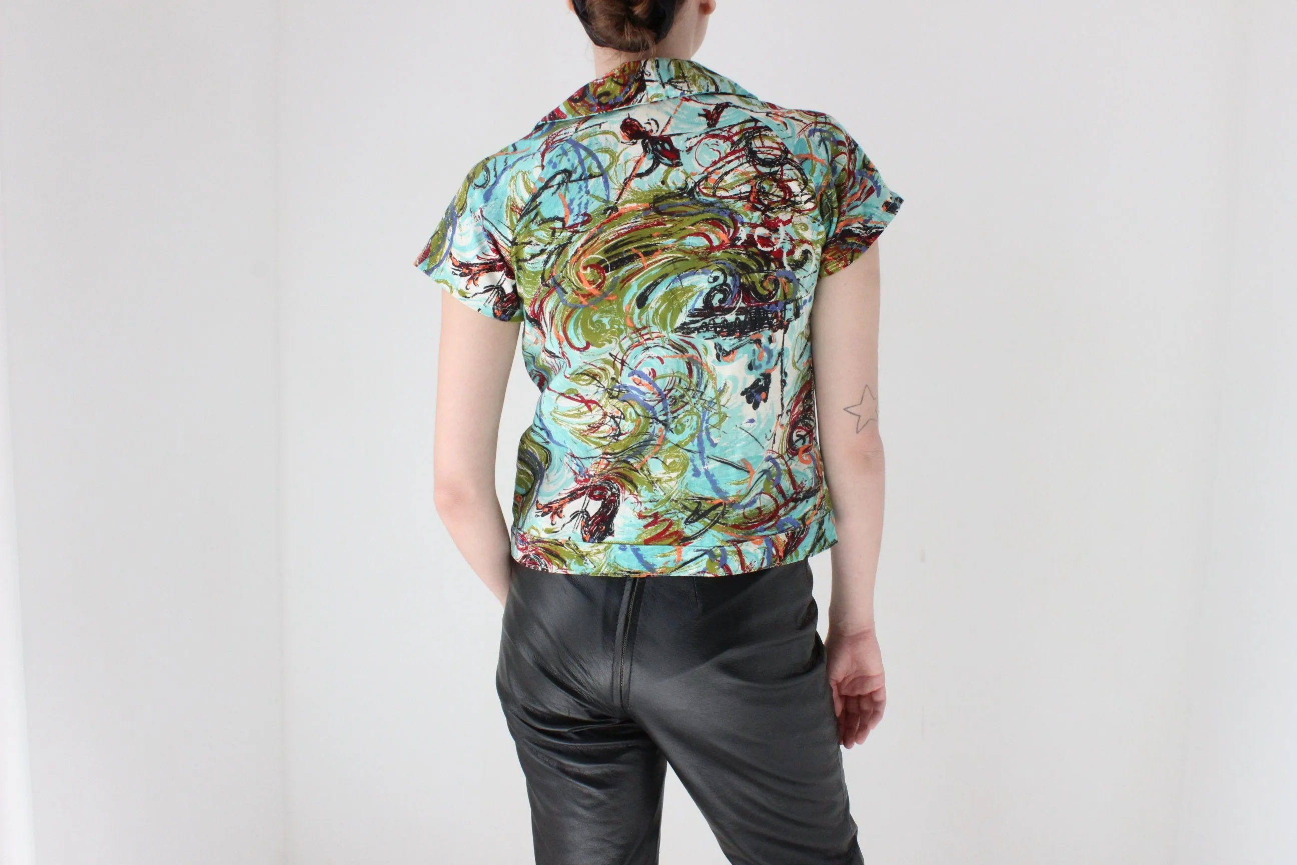 80s Abstract Paint Spatter Boxy Cotton Button Up
