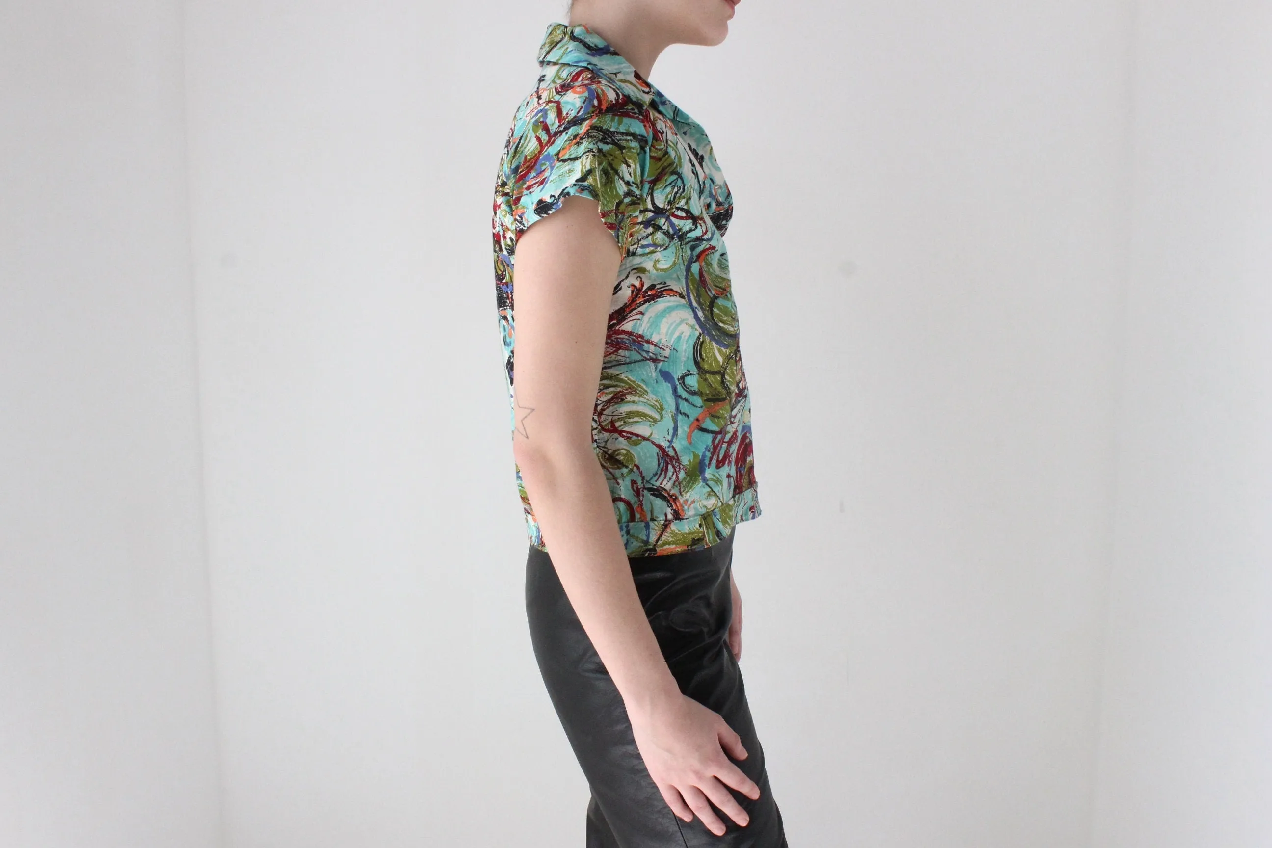 80s Abstract Paint Spatter Boxy Cotton Button Up