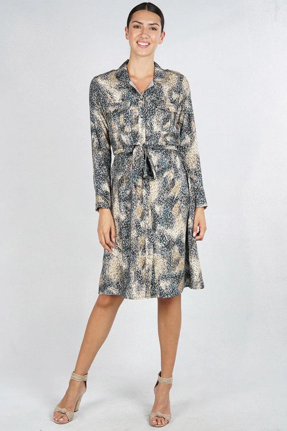 Animal Print Collared Button Up Midi Dress