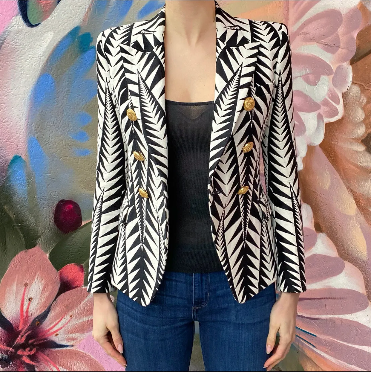 Balmain Black and White Geometric Pattern Blazer - USA 0
