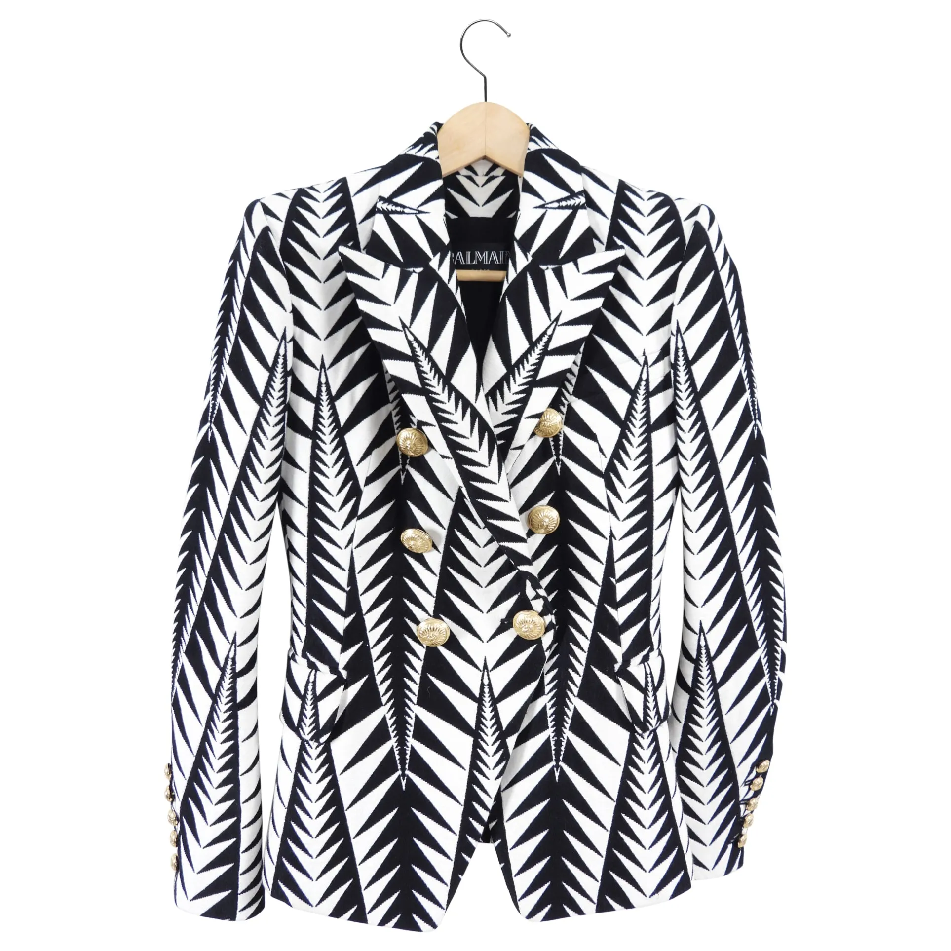 Balmain Black and White Geometric Pattern Blazer - USA 0