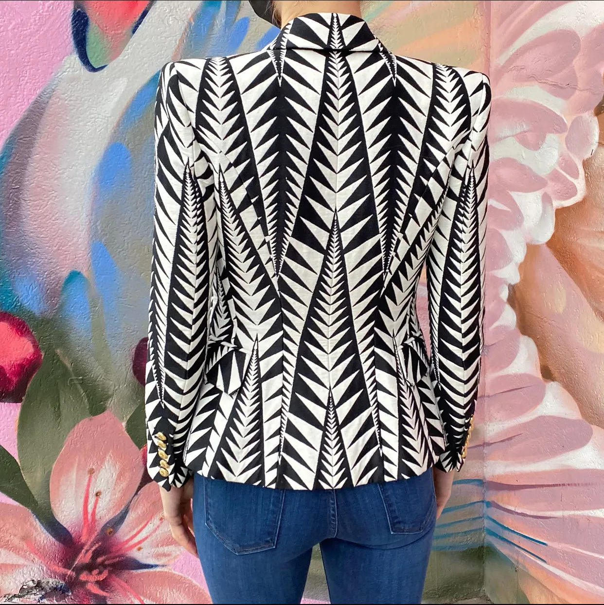 Balmain Black and White Geometric Pattern Blazer - USA 0