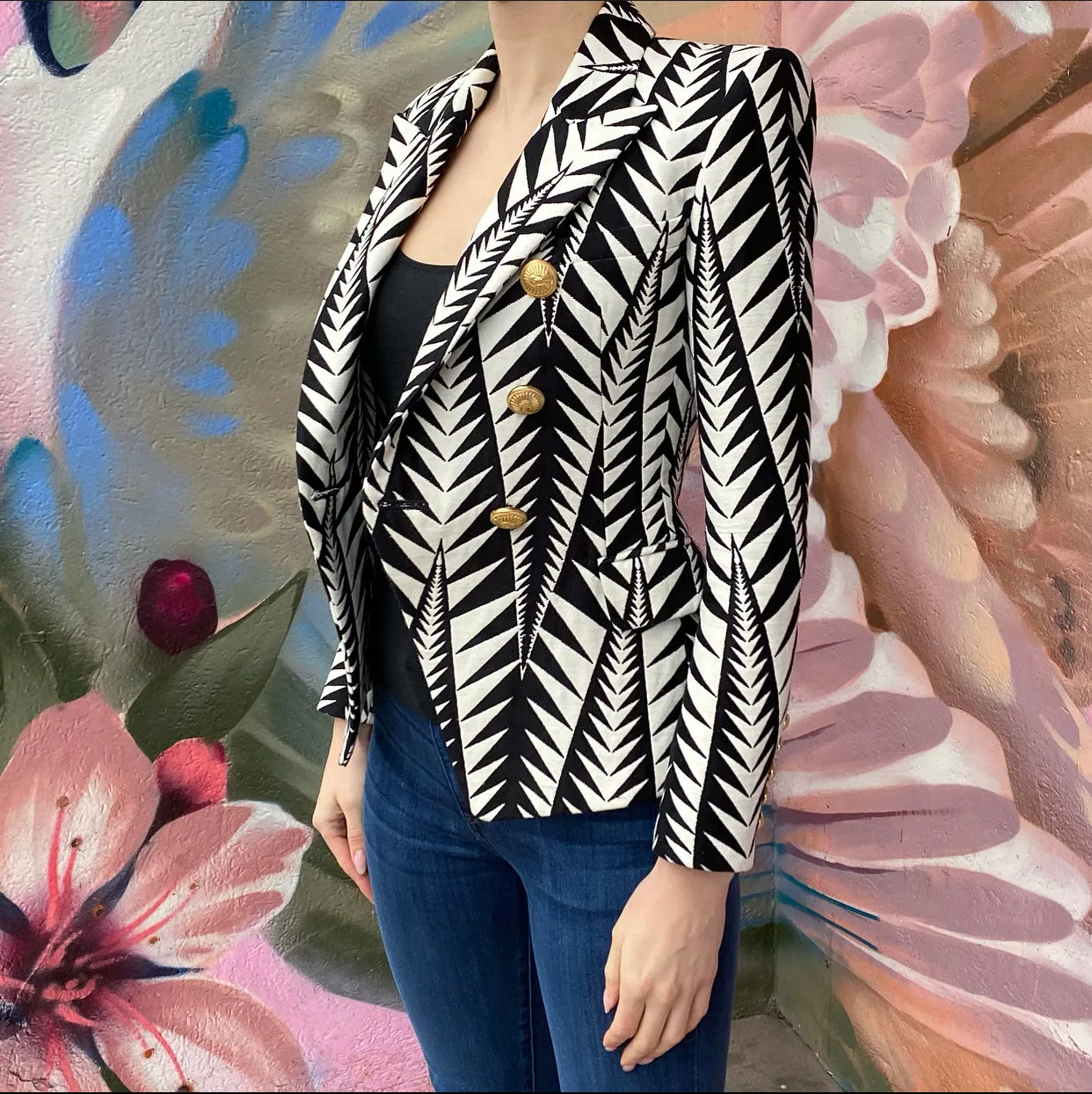 Balmain Black and White Geometric Pattern Blazer - USA 0