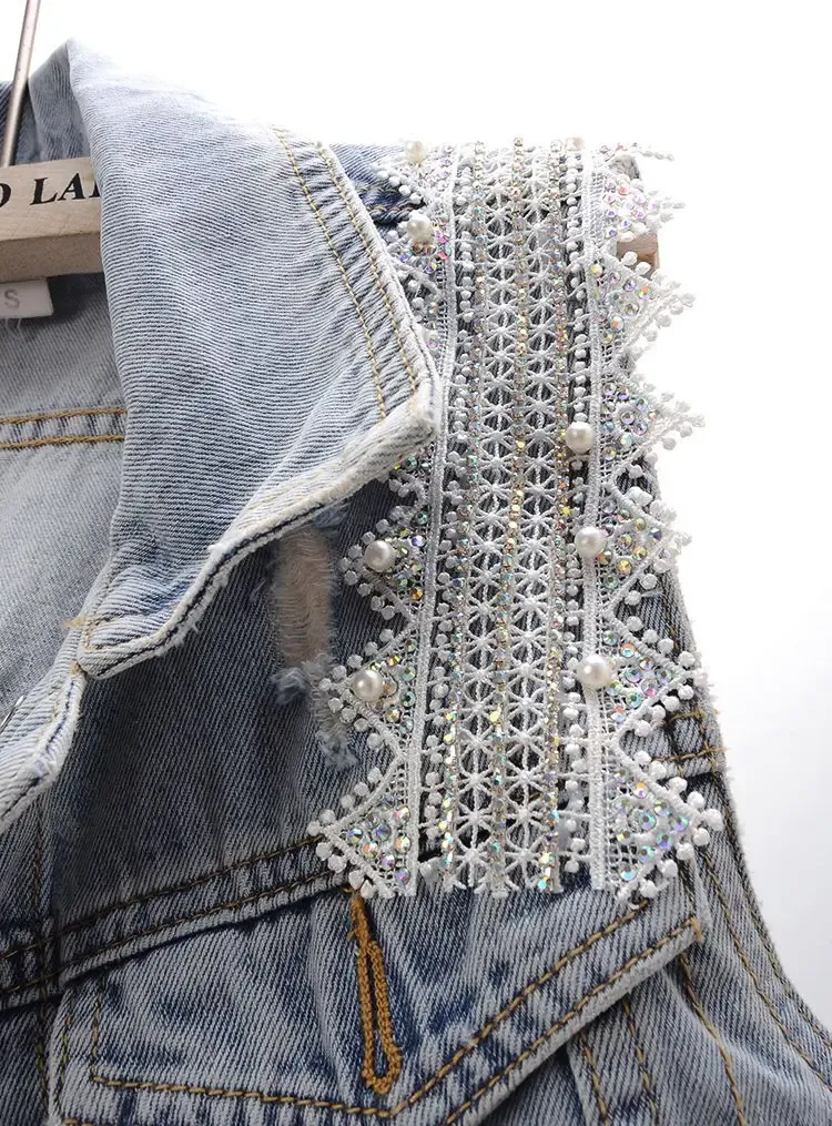 Embroidered Pearly Beaded Denim Vest