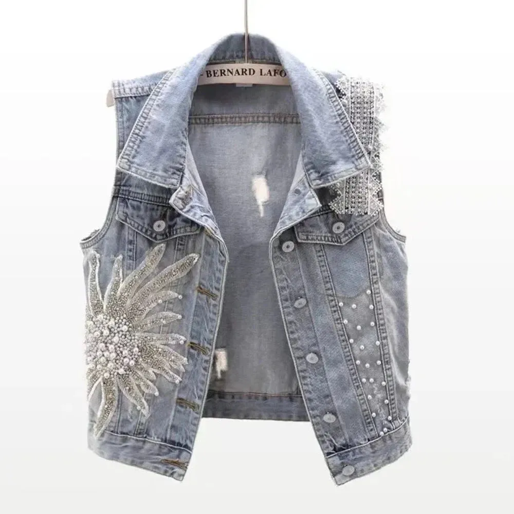 Embroidered Pearly Beaded Denim Vest