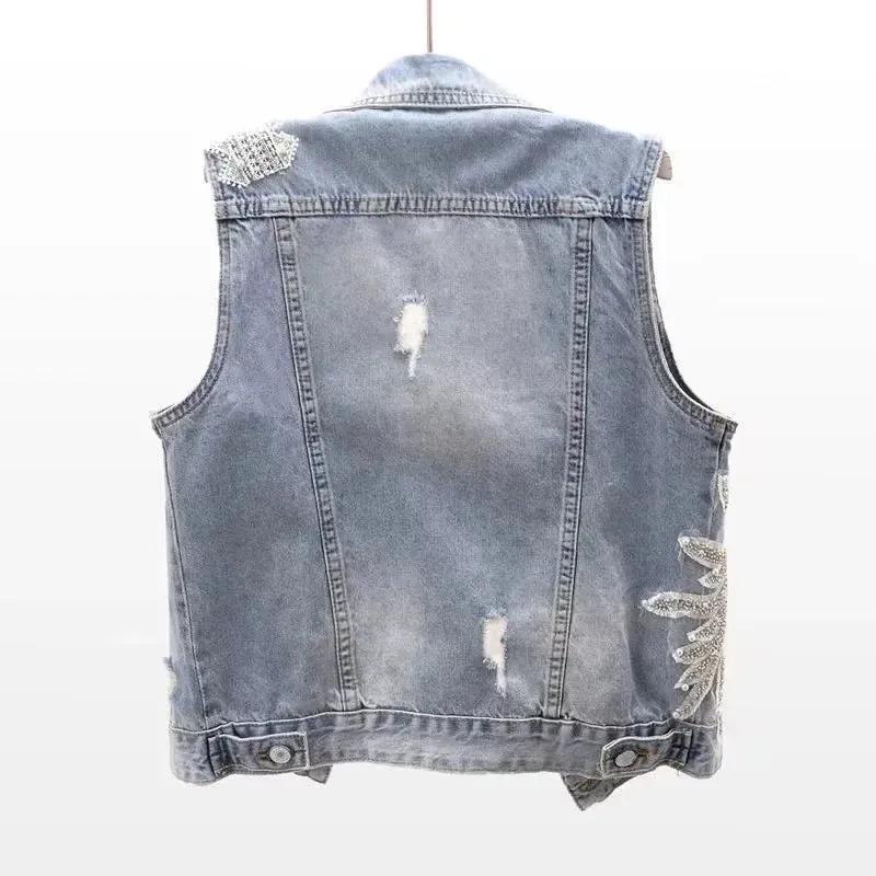 Embroidered Pearly Beaded Denim Vest
