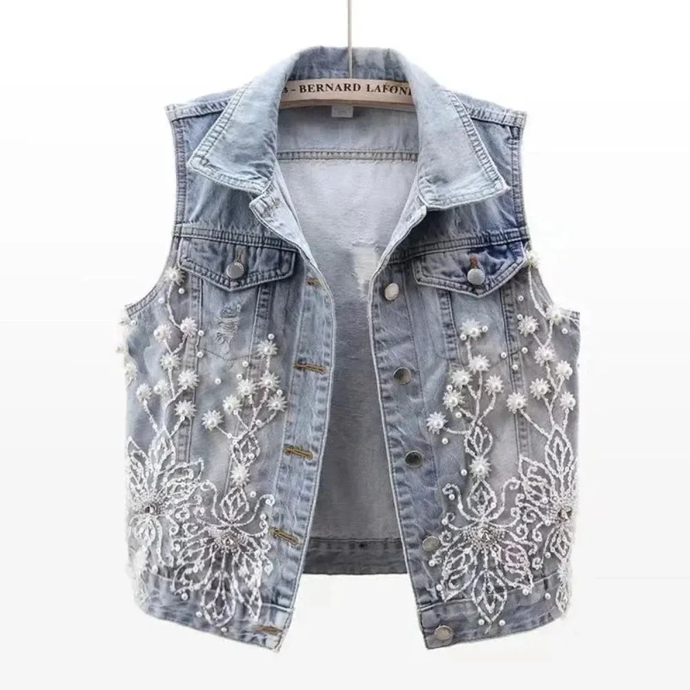 Embroidered Pearly Beaded Denim Vest