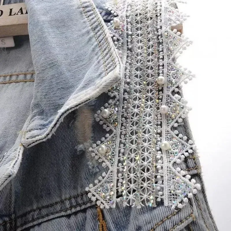Embroidered Pearly Beaded Denim Vest
