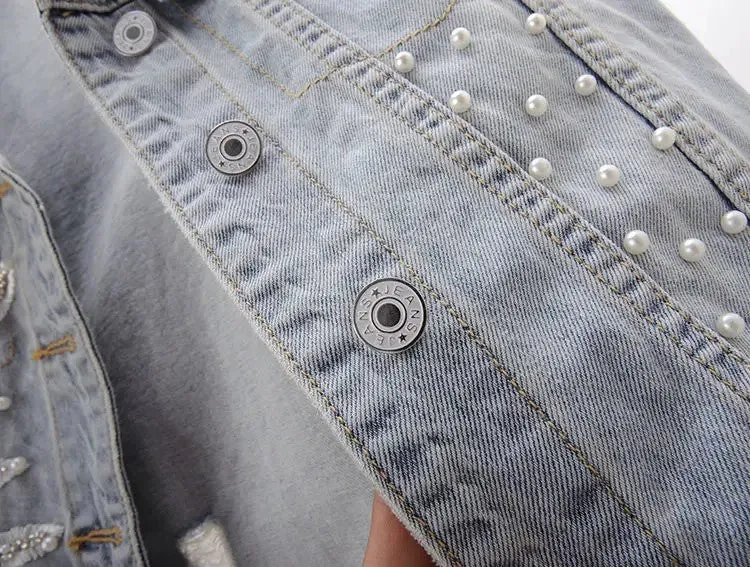 Embroidered Pearly Beaded Denim Vest