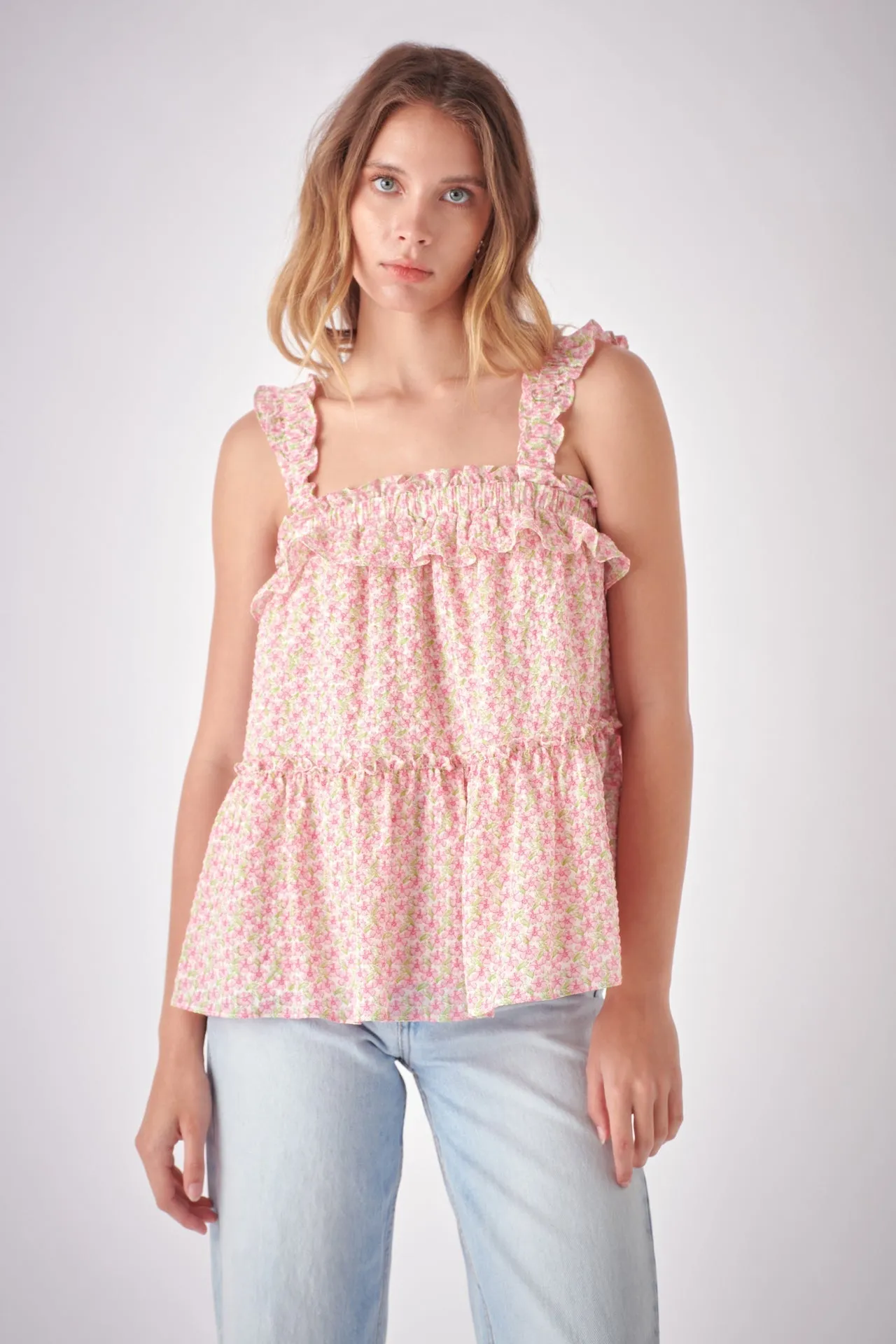 Floral Textured Flounce Top