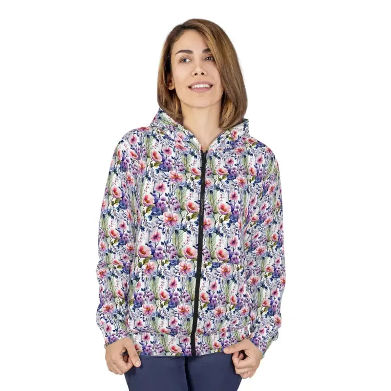 Flower Pattern Fleece Jacket Unisex Zip Hoodie
