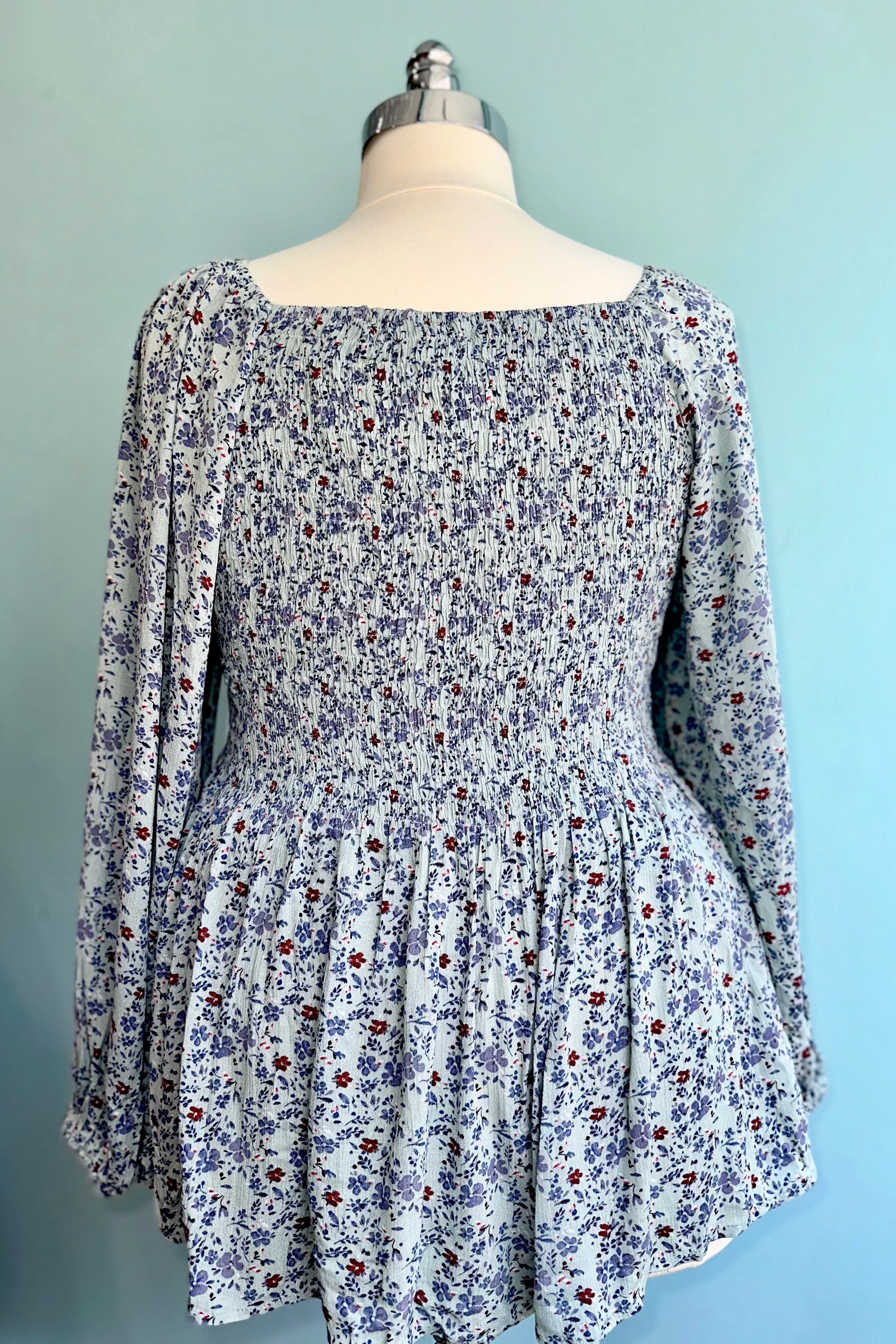 Light Blue Floral Blouson Sleeve Top