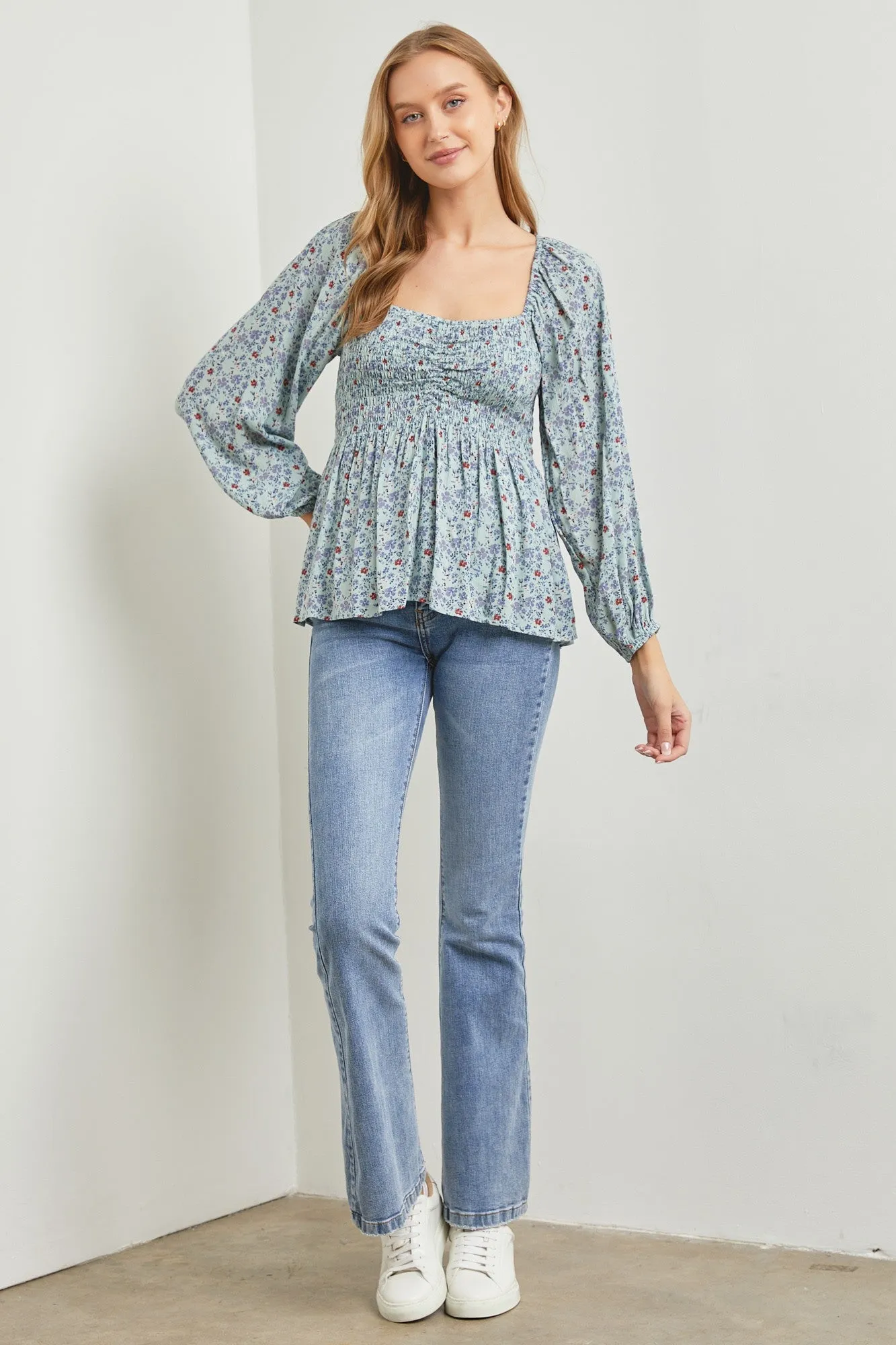 Light Blue Floral Blouson Sleeve Top