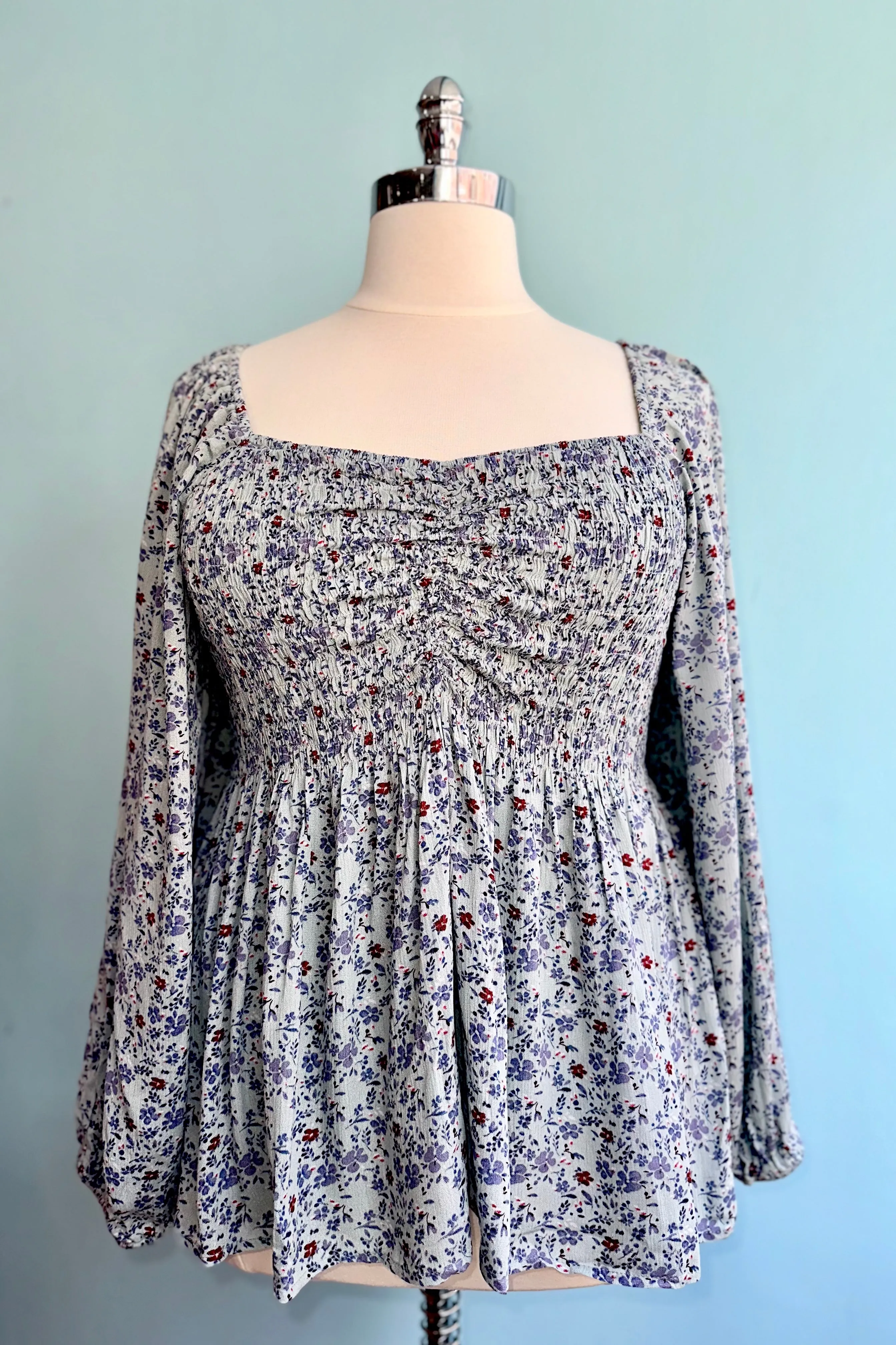 Light Blue Floral Blouson Sleeve Top