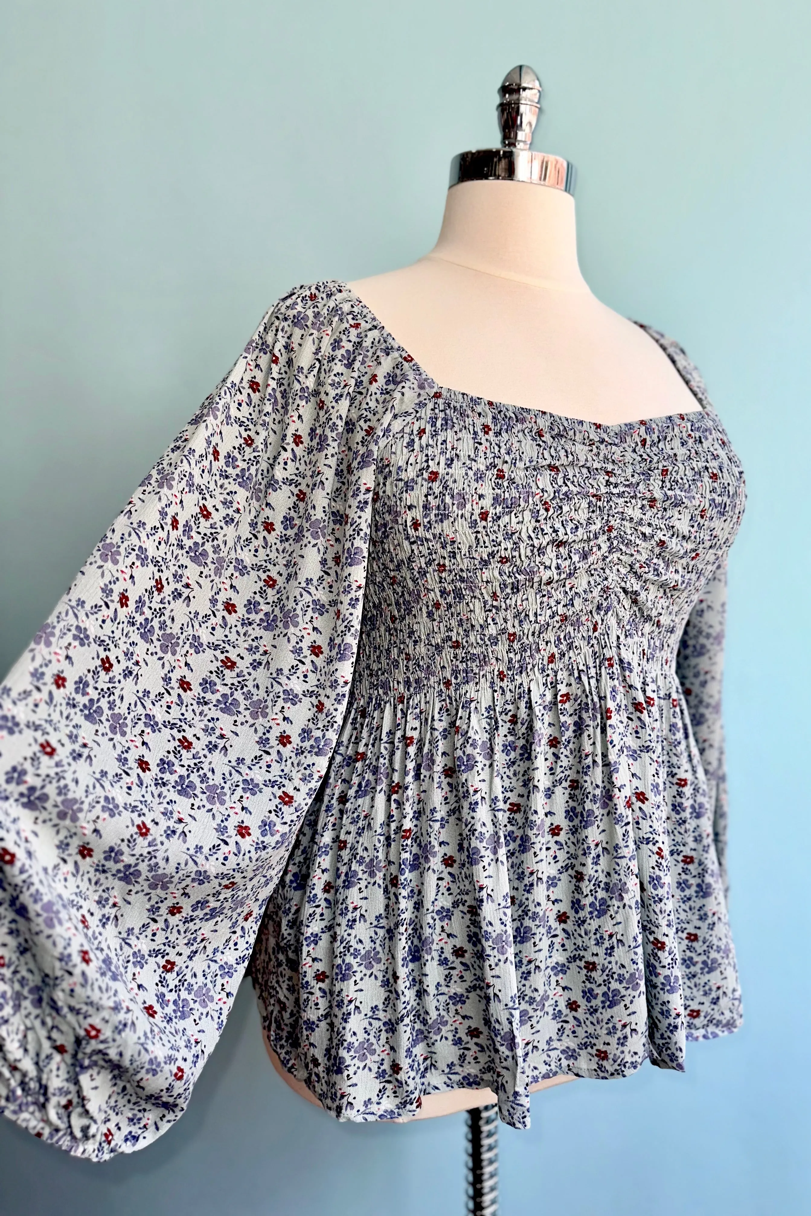 Light Blue Floral Blouson Sleeve Top