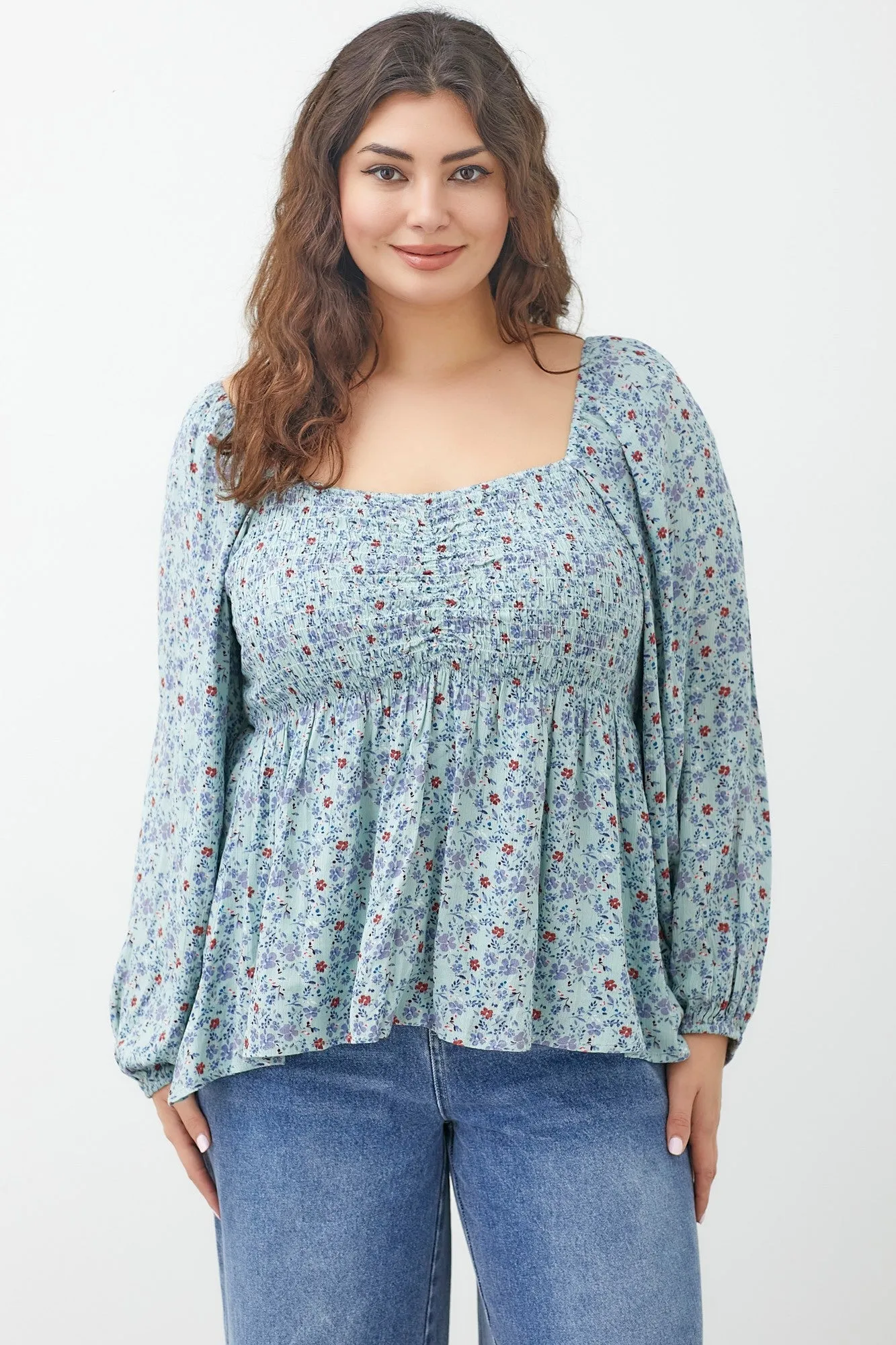 Light Blue Floral Blouson Sleeve Top