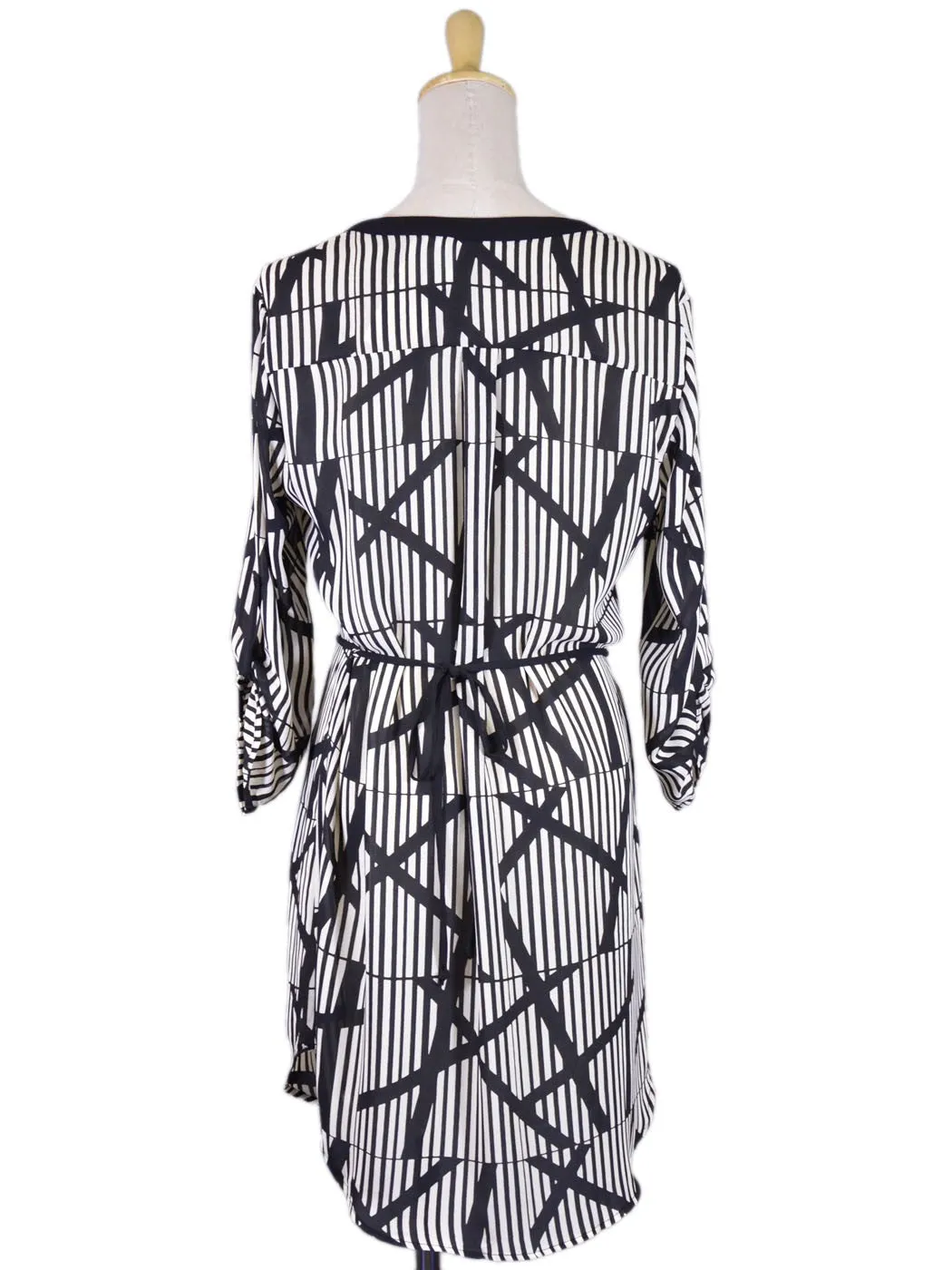 Lush Spirited Professional Abstract Black & White Contrast Sleeves Shirt Dress