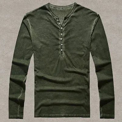 Men's Designer Vintage Henley T-Shirt - Slim Fit Long Sleeve Cardigan Tee