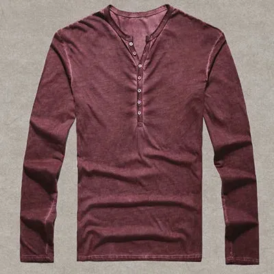Men's Designer Vintage Henley T-Shirt - Slim Fit Long Sleeve Cardigan Tee