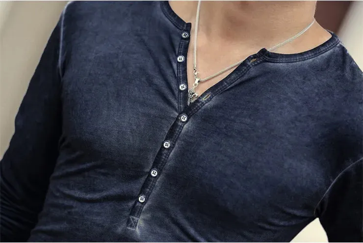 Men's Designer Vintage Henley T-Shirt - Slim Fit Long Sleeve Cardigan Tee