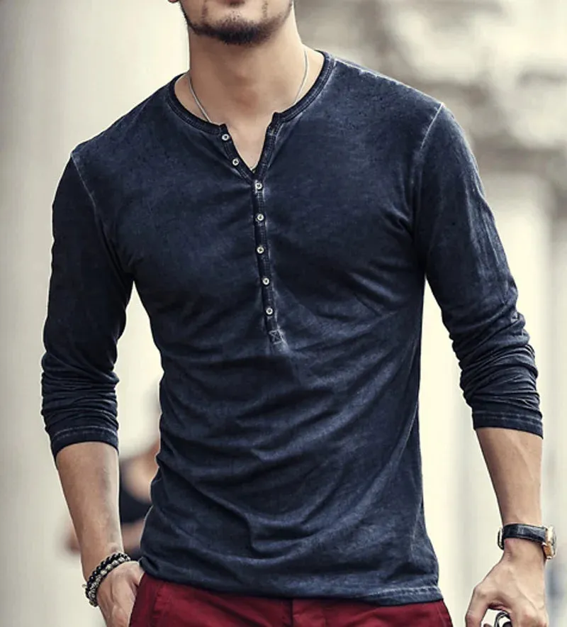 Men's Designer Vintage Henley T-Shirt - Slim Fit Long Sleeve Cardigan Tee