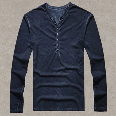 Men's Designer Vintage Henley T-Shirt - Slim Fit Long Sleeve Cardigan Tee