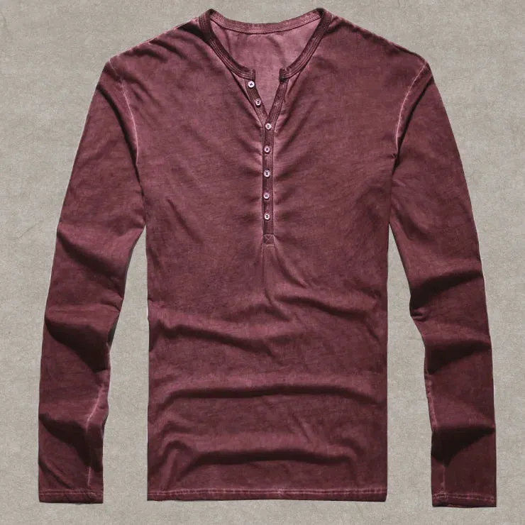 Men's Designer Vintage Henley T-Shirt - Slim Fit Long Sleeve Cardigan Tee