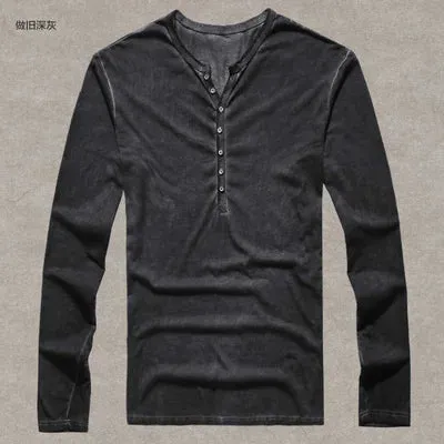 Men's Designer Vintage Henley T-Shirt - Slim Fit Long Sleeve Cardigan Tee