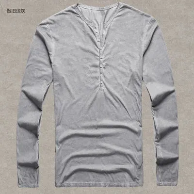 Men's Designer Vintage Henley T-Shirt - Slim Fit Long Sleeve Cardigan Tee