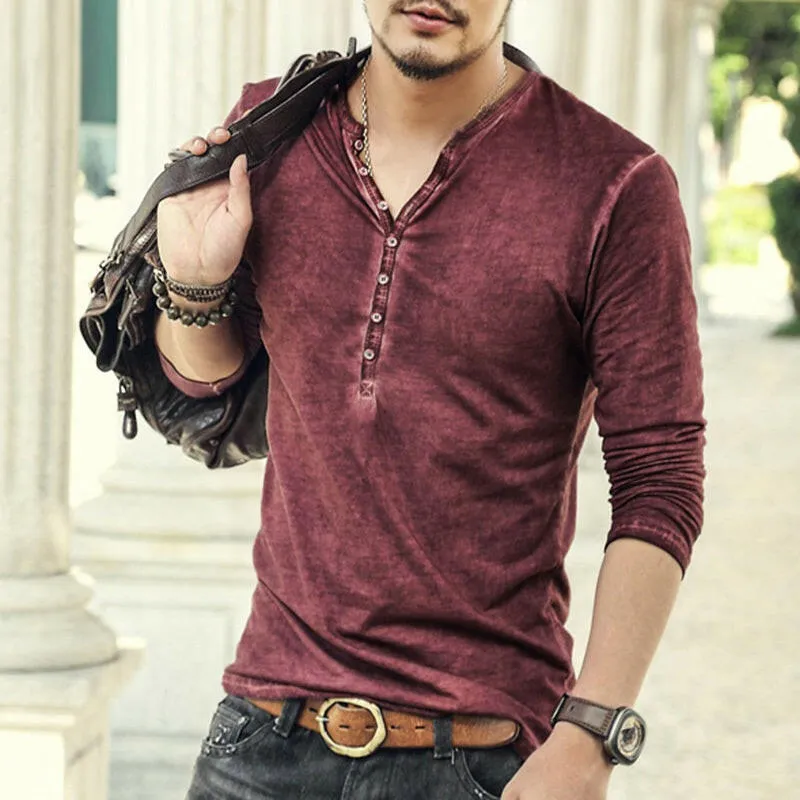 Men's Designer Vintage Henley T-Shirt - Slim Fit Long Sleeve Cardigan Tee