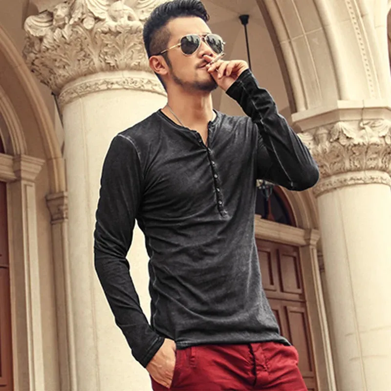 Men's Designer Vintage Henley T-Shirt - Slim Fit Long Sleeve Cardigan Tee
