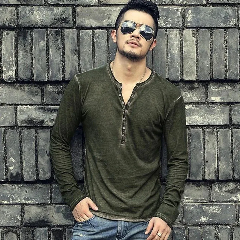 Men's Designer Vintage Henley T-Shirt - Slim Fit Long Sleeve Cardigan Tee