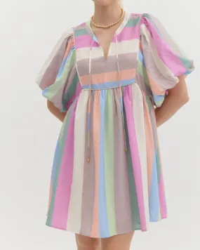 Multi Color Stripe Mini Dress with Bubble Sleeves - Pastel - FINAL SALE