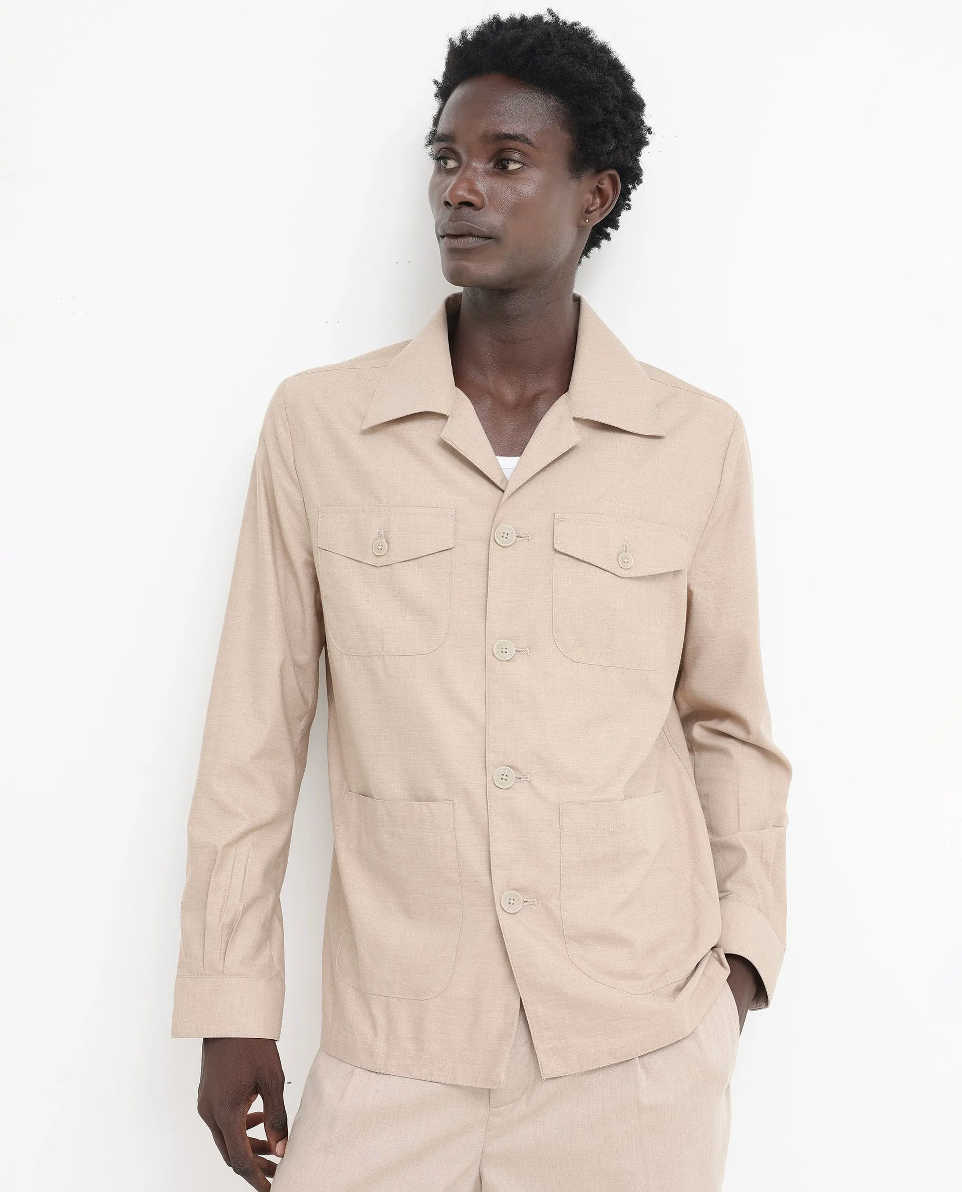 Rare Rabbit Mens Echos Beige Full Sleeve Collared Neck Two Flap Pocket Solid Jacket