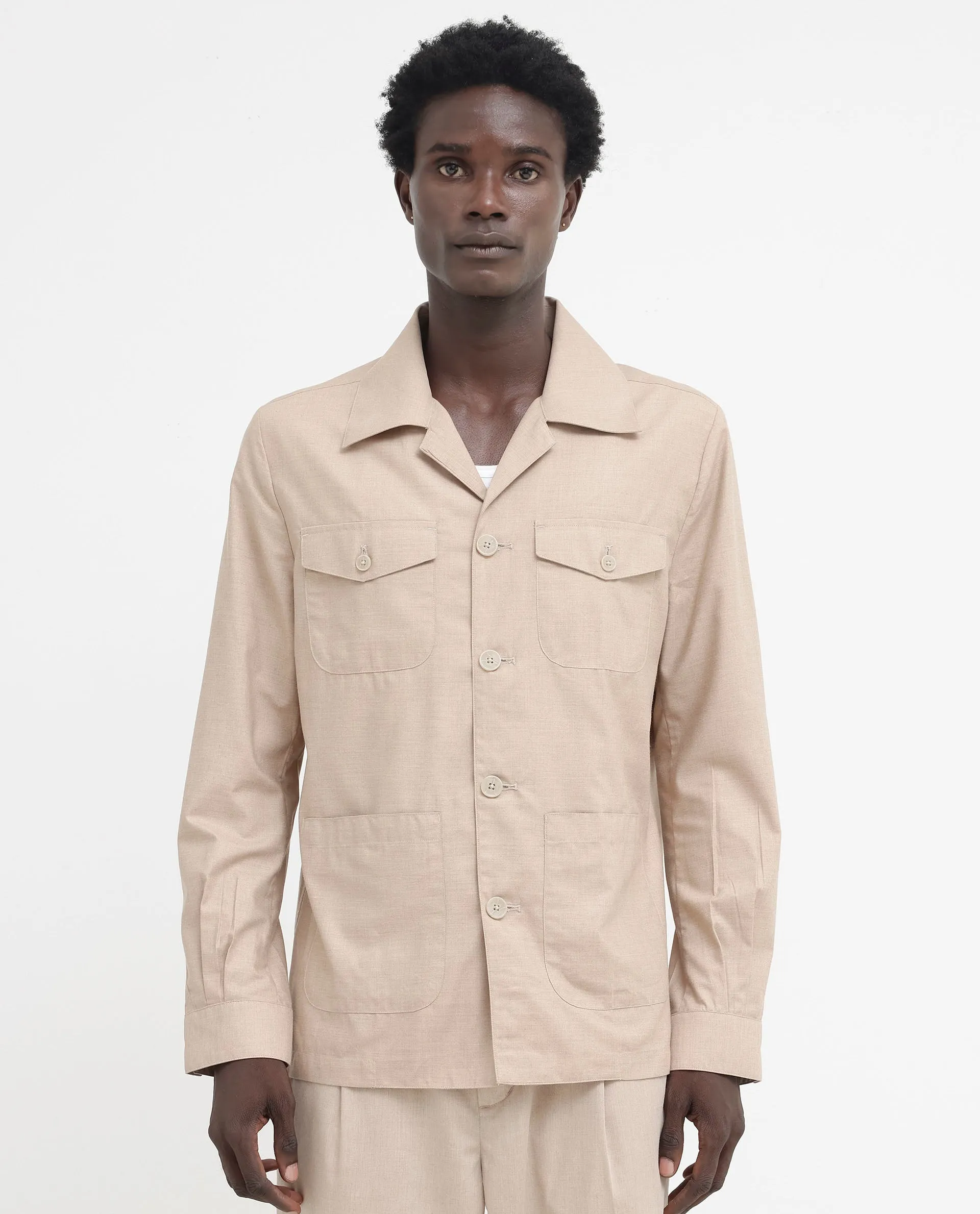 Rare Rabbit Mens Echos Beige Full Sleeve Collared Neck Two Flap Pocket Solid Jacket