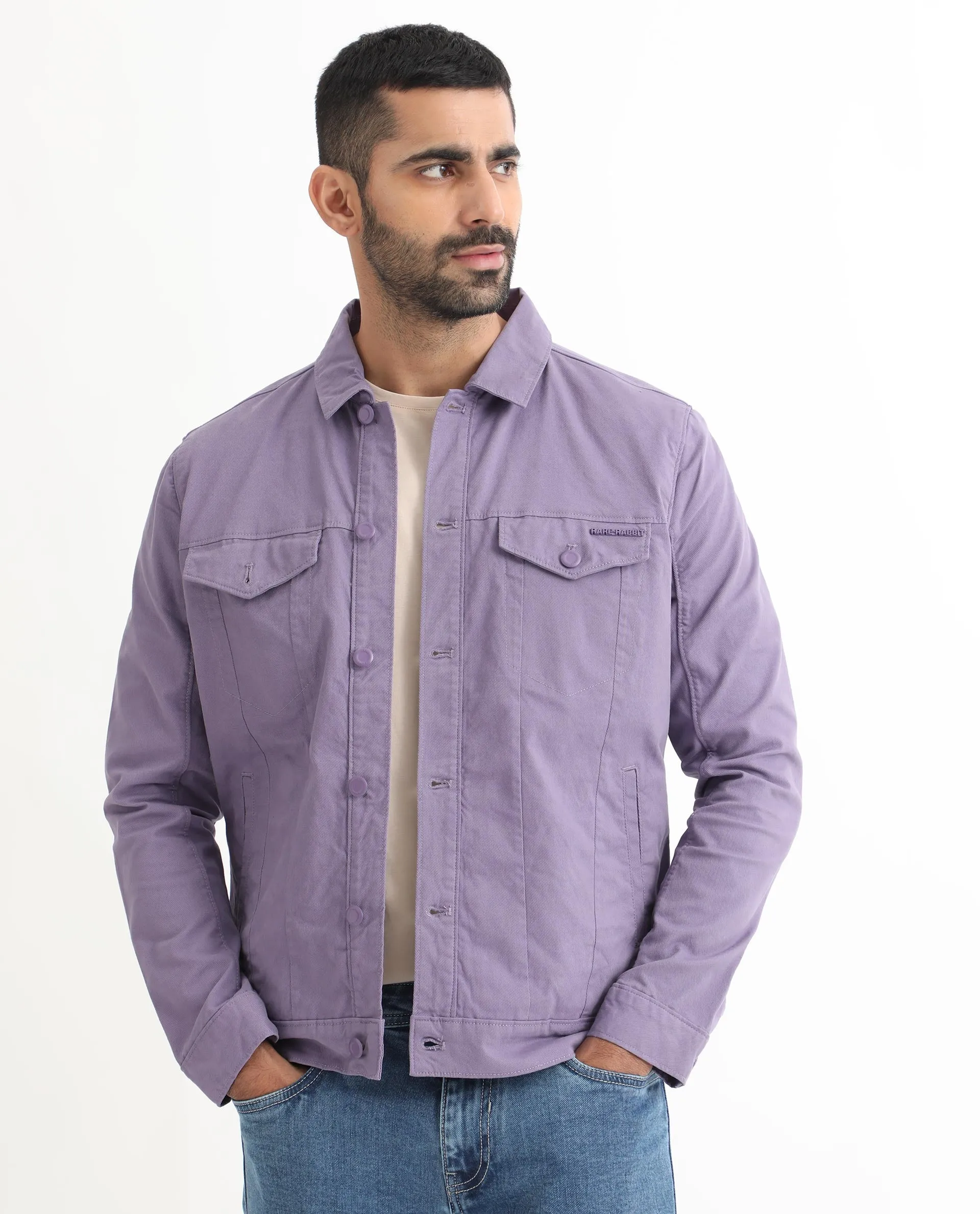 Rare Rabbit Men's Vintage Pastel Purple Plain Denim Trucker Jacket