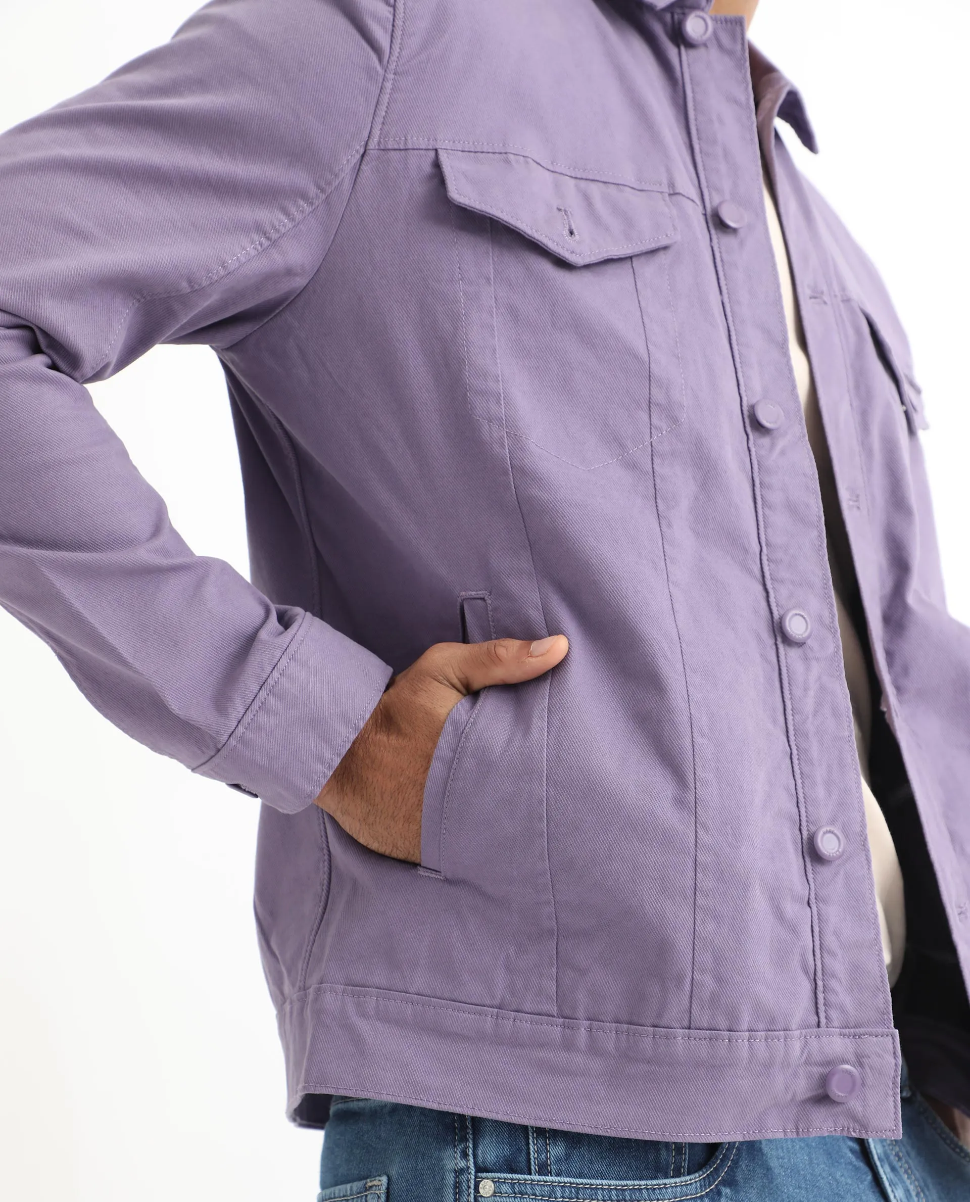 Rare Rabbit Men's Vintage Pastel Purple Plain Denim Trucker Jacket
