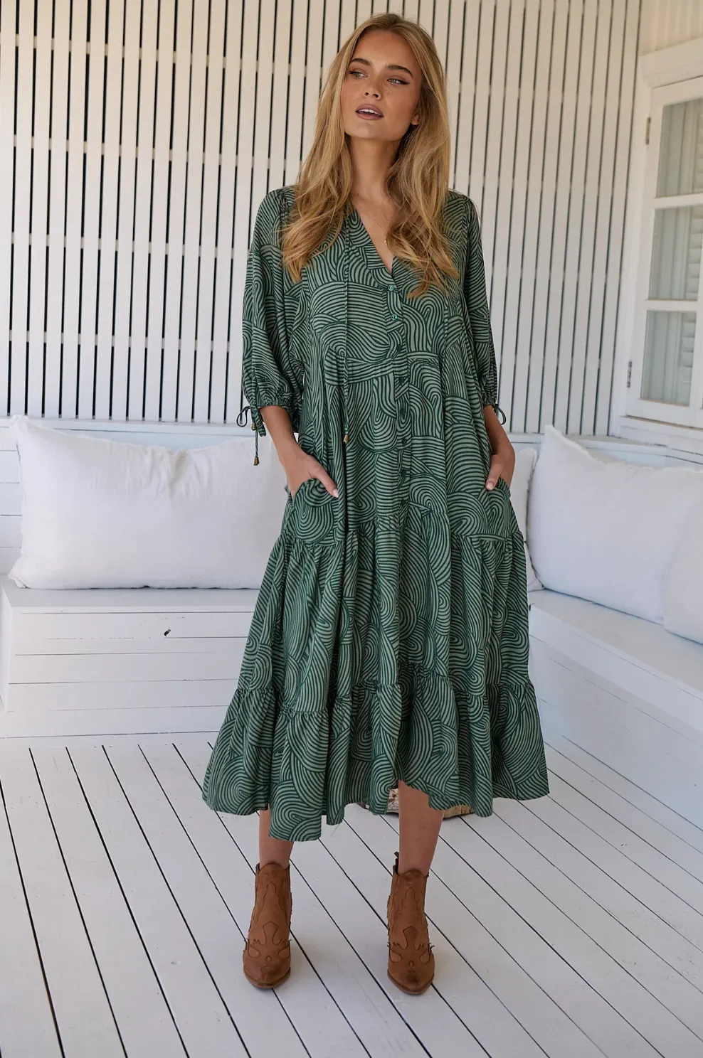 Ria Boho Midi Dress in Emerald Wave Print