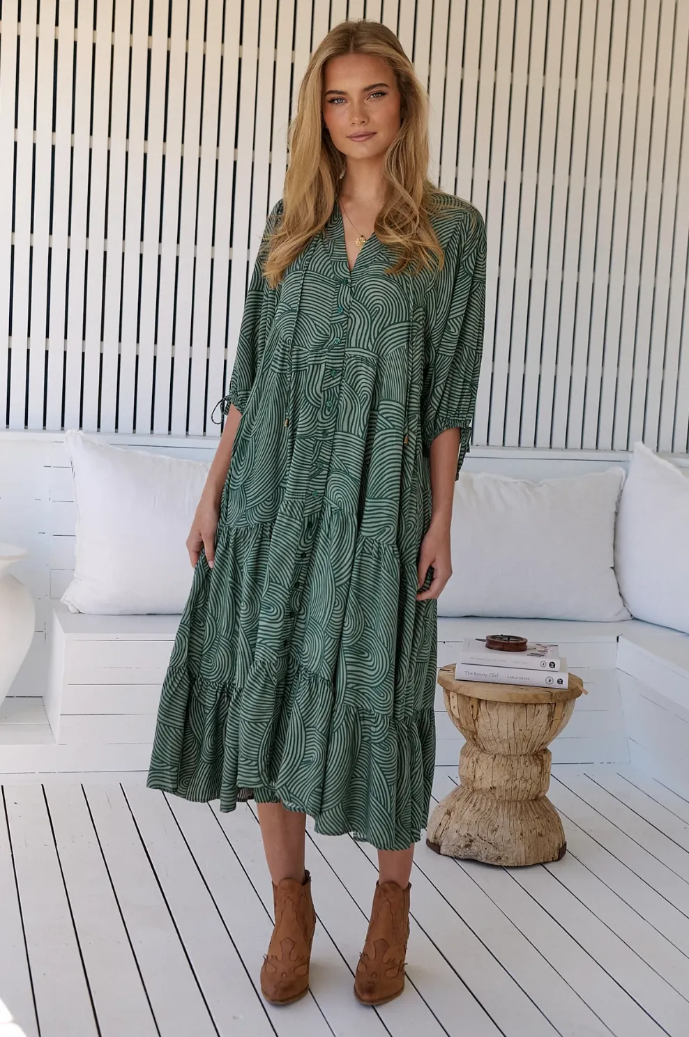 Ria Boho Midi Dress in Emerald Wave Print