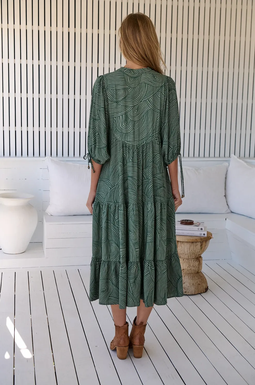 Ria Boho Midi Dress in Emerald Wave Print