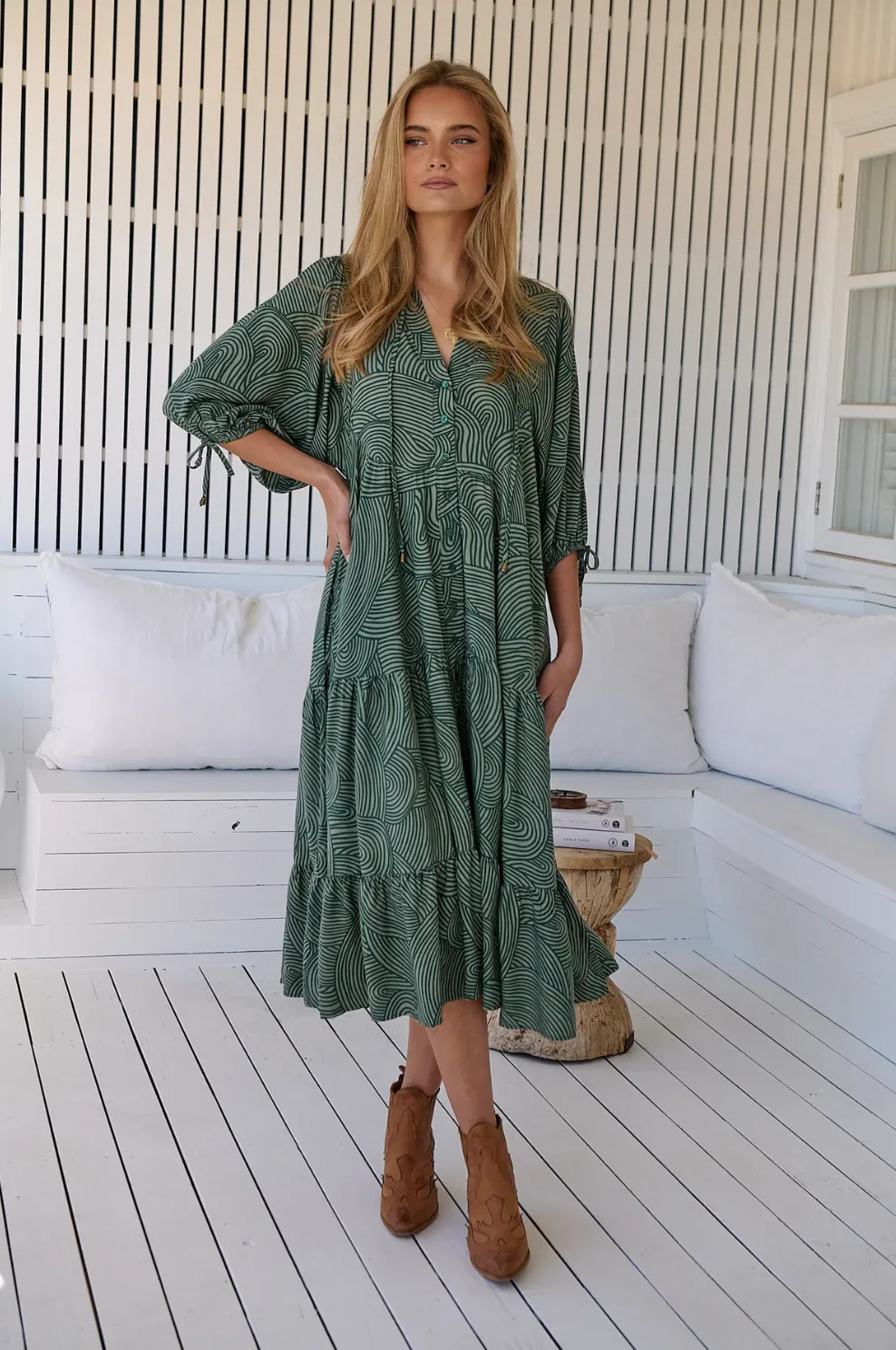 Ria Boho Midi Dress in Emerald Wave Print