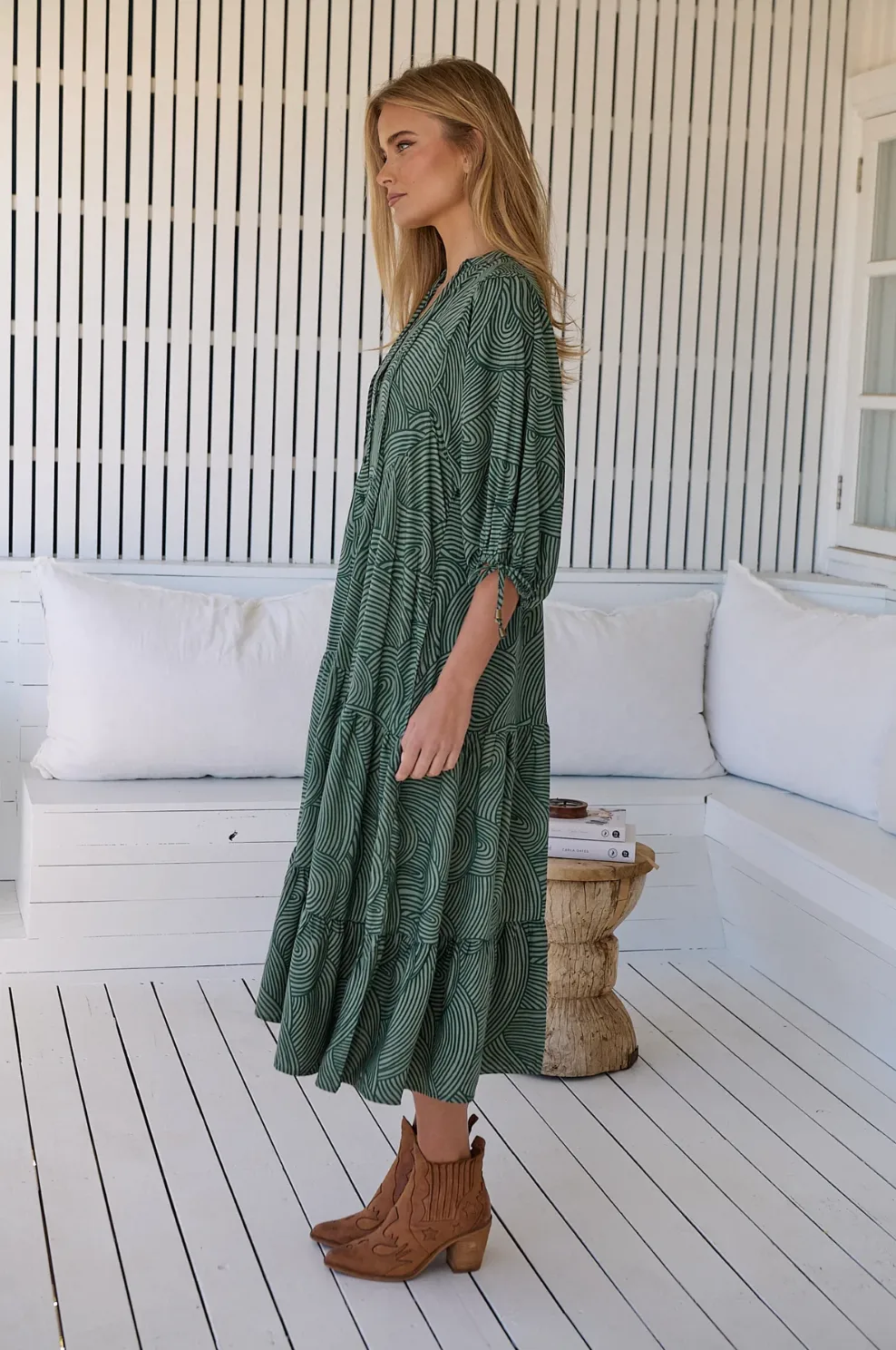 Ria Boho Midi Dress in Emerald Wave Print