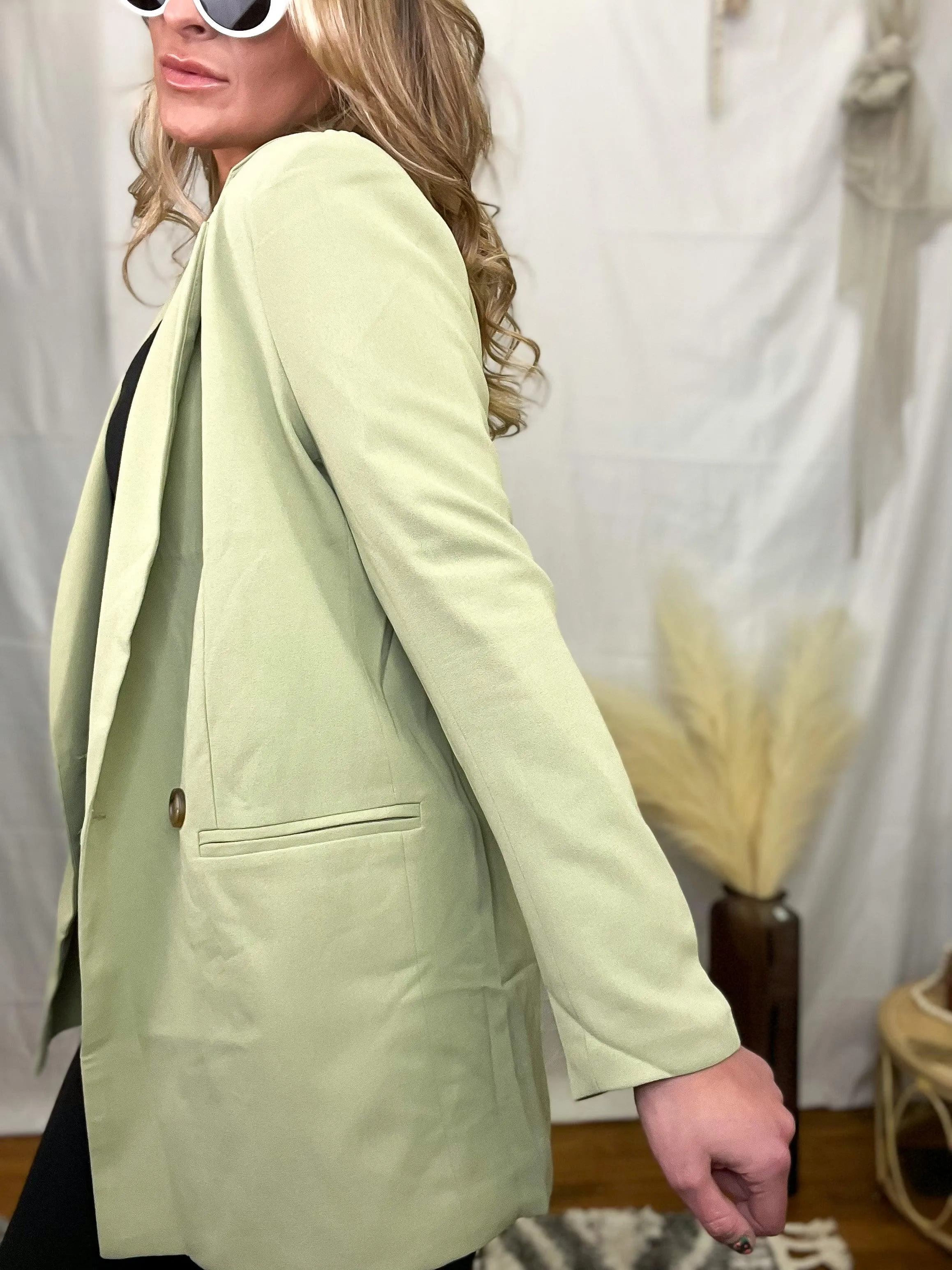 Sage Double-Breasted Lapel Collar Blazer