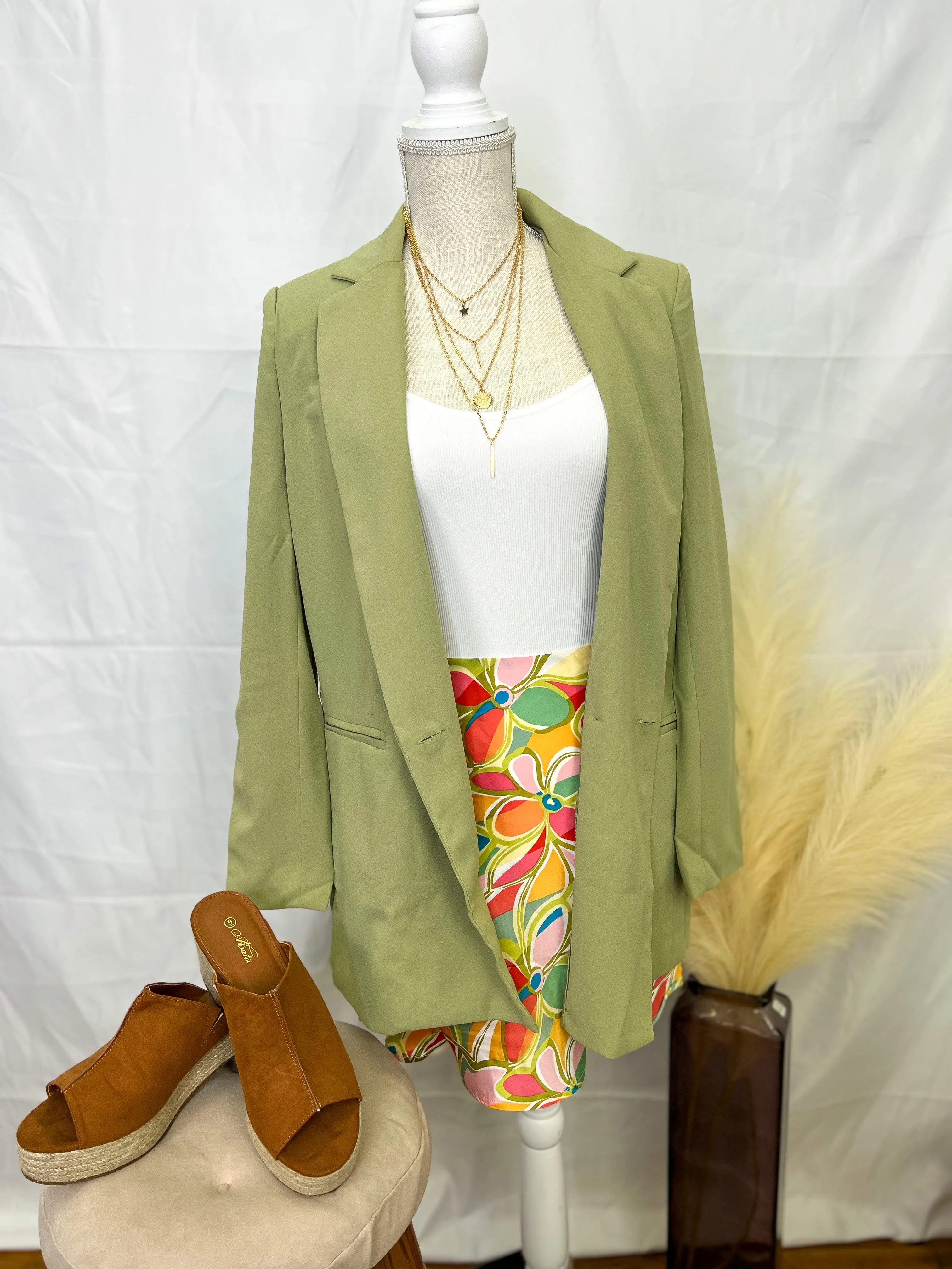 Sage Double-Breasted Lapel Collar Blazer