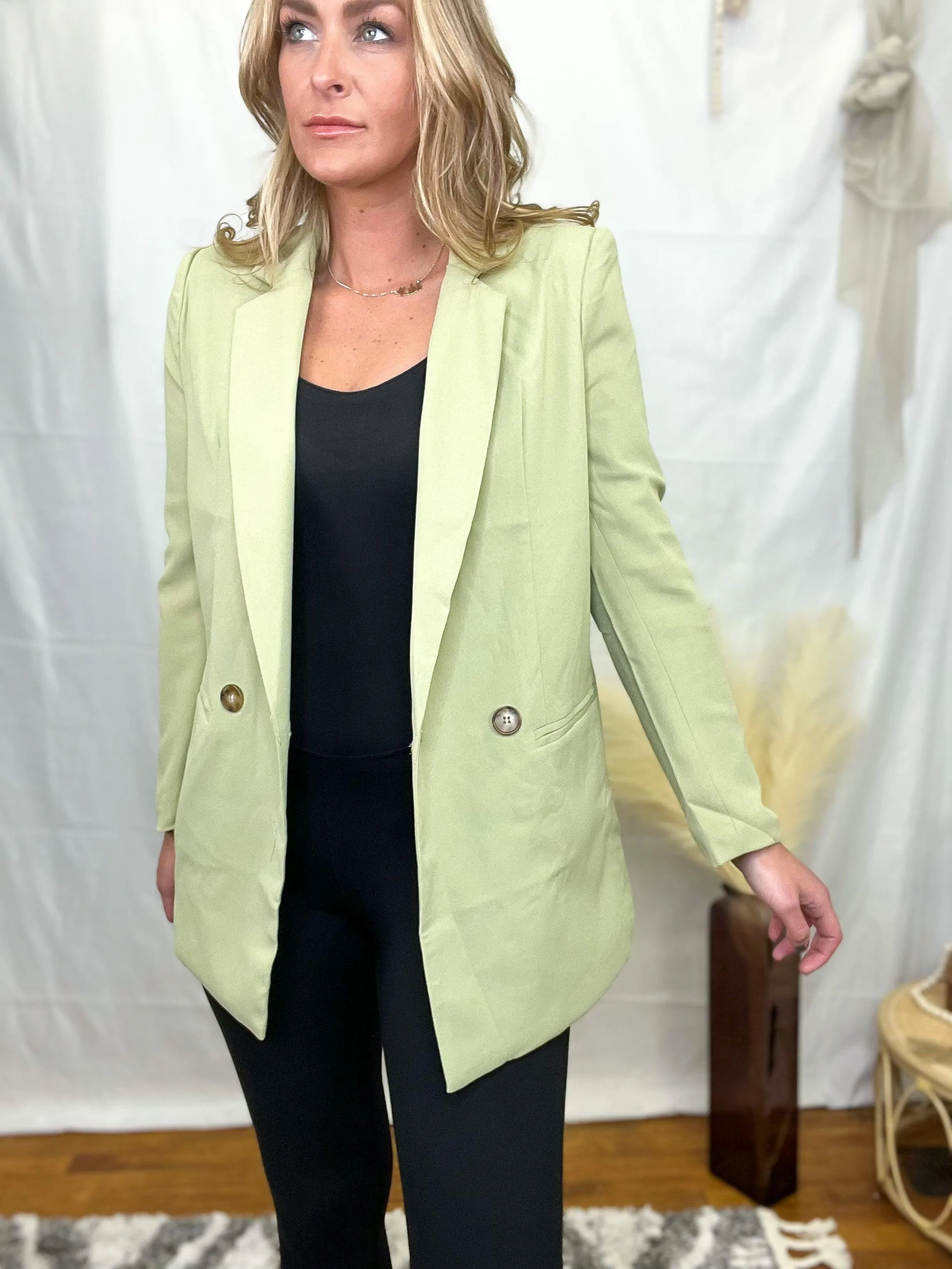 Sage Double-Breasted Lapel Collar Blazer