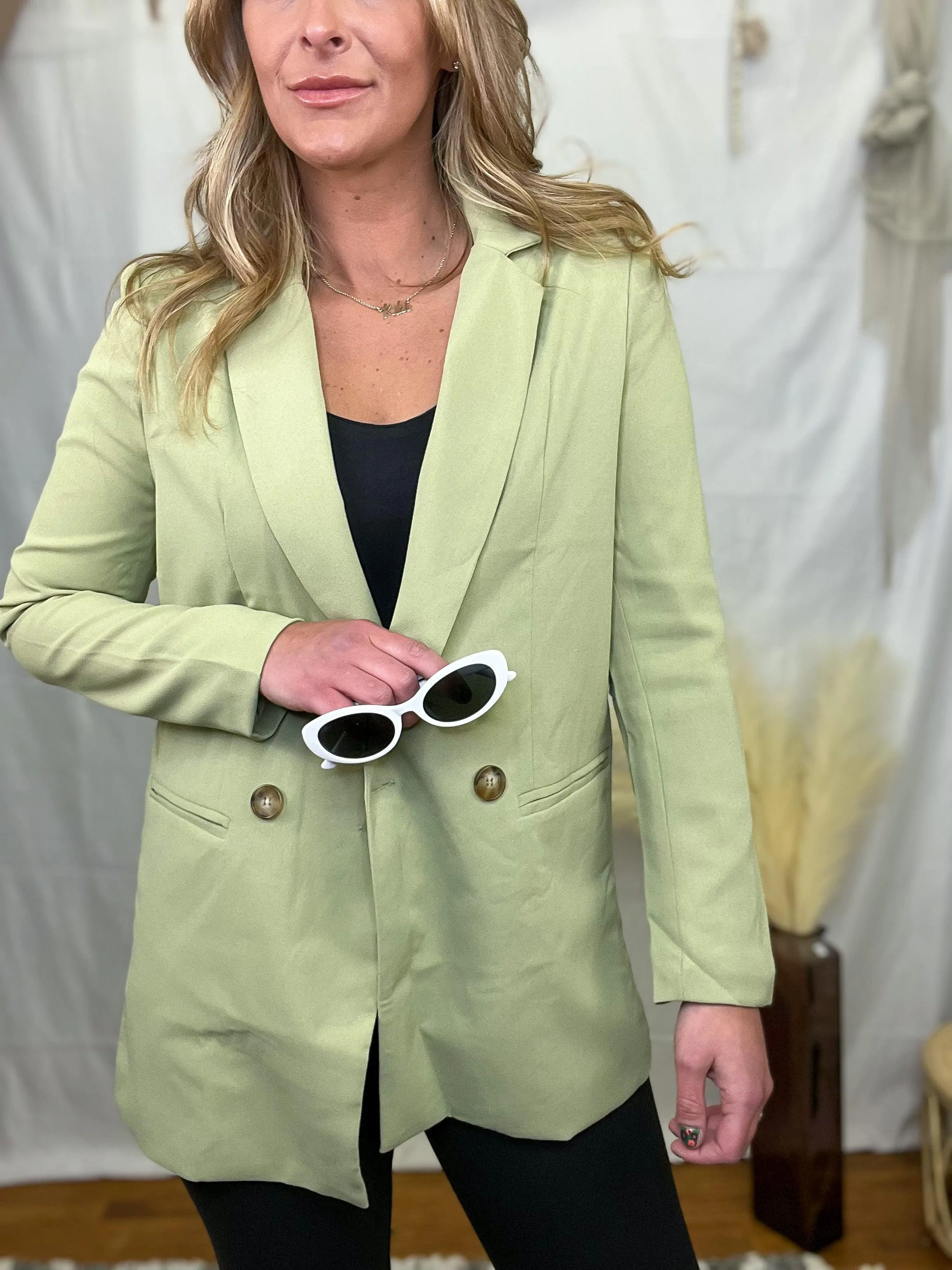 Sage Double-Breasted Lapel Collar Blazer