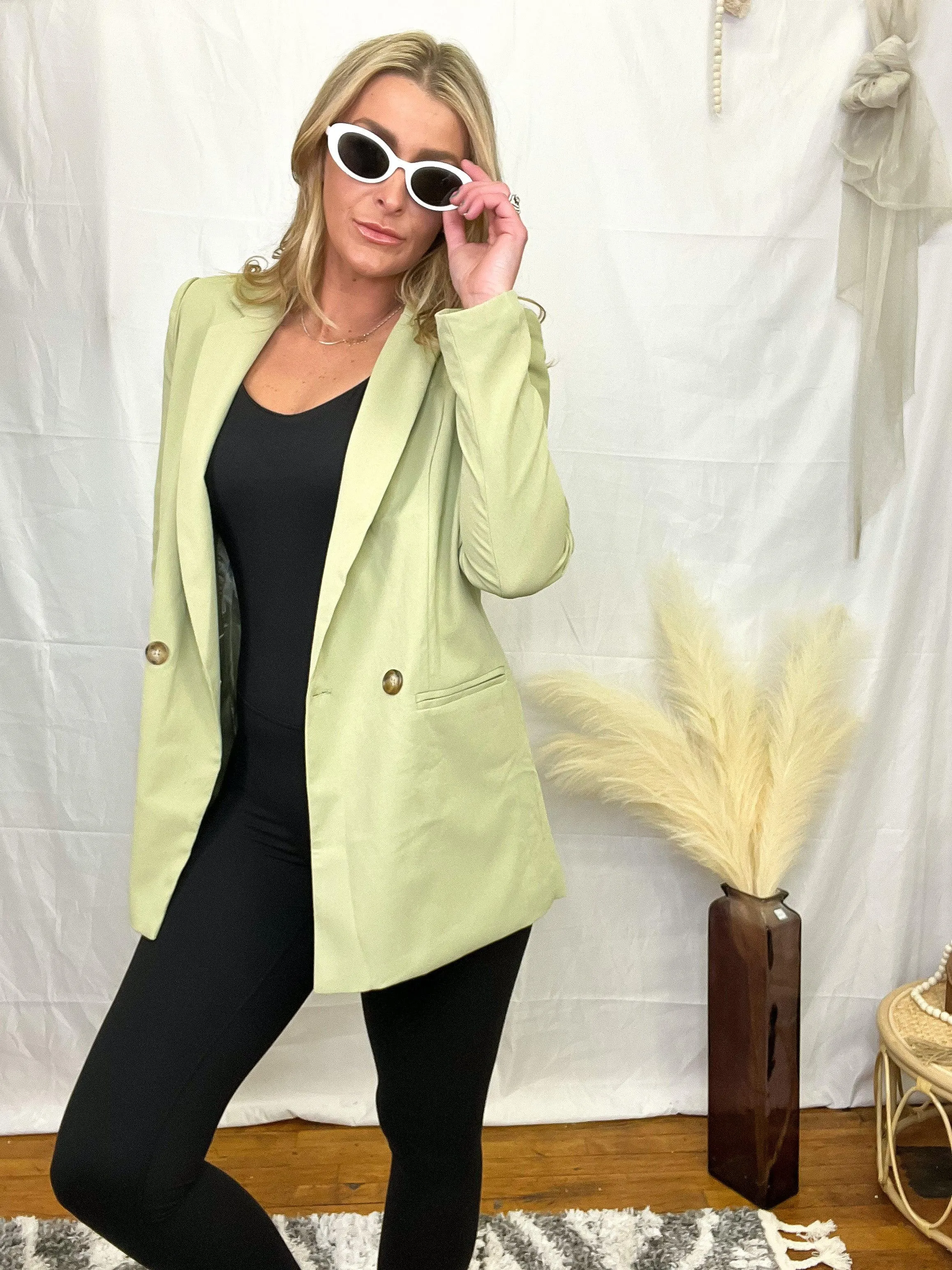 Sage Double-Breasted Lapel Collar Blazer