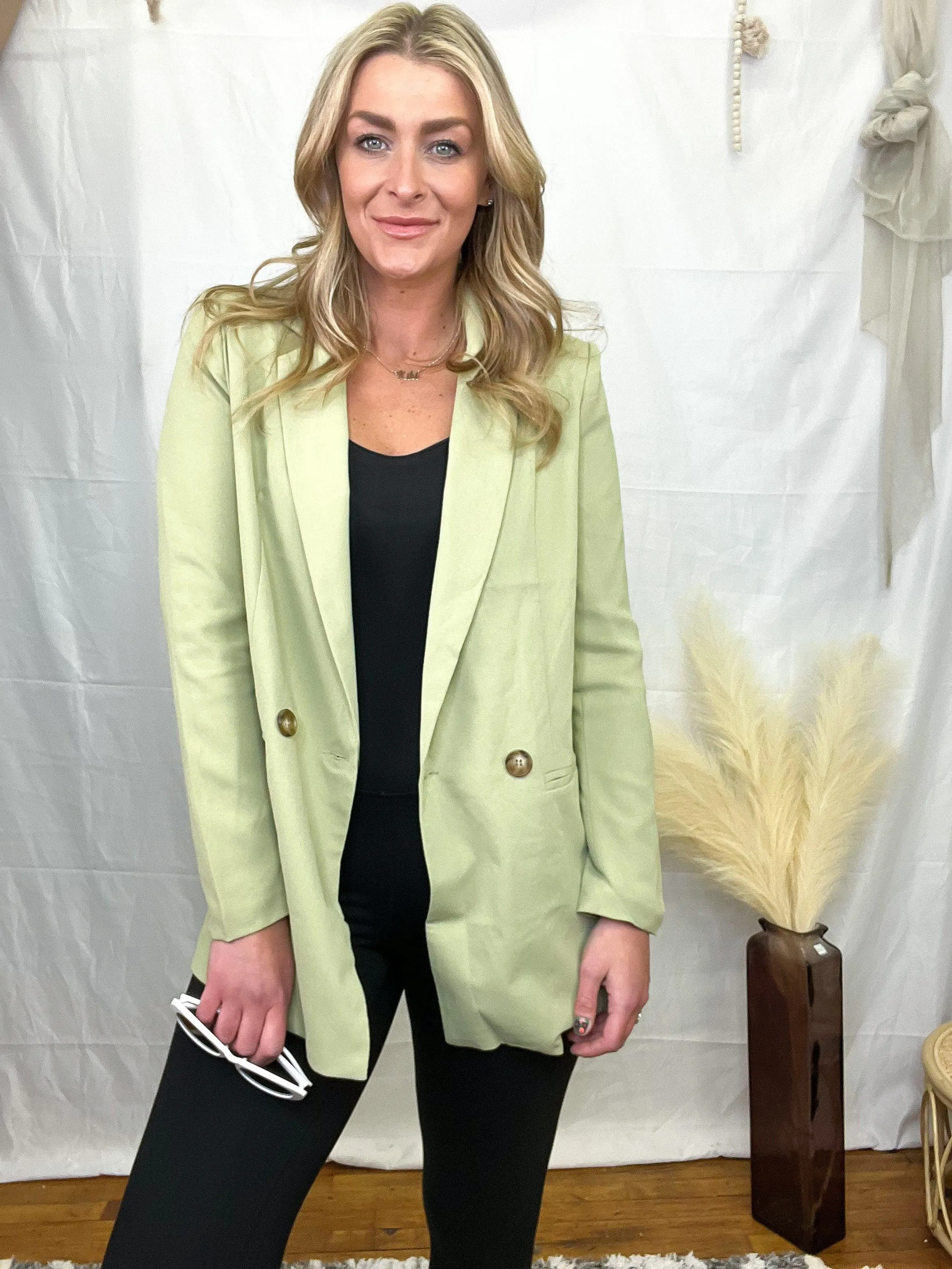 Sage Double-Breasted Lapel Collar Blazer