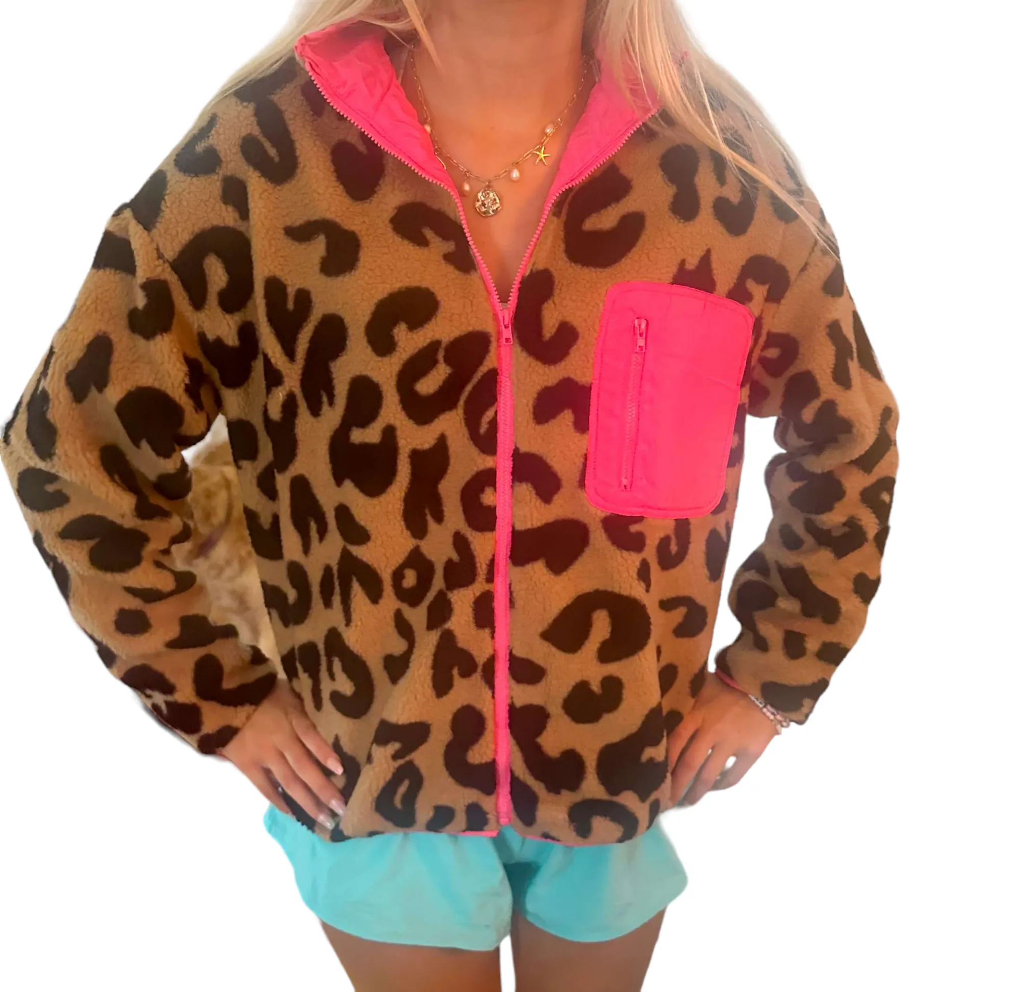 Spotted Style: Pink-Trimmed Leopard Fleece Jacket